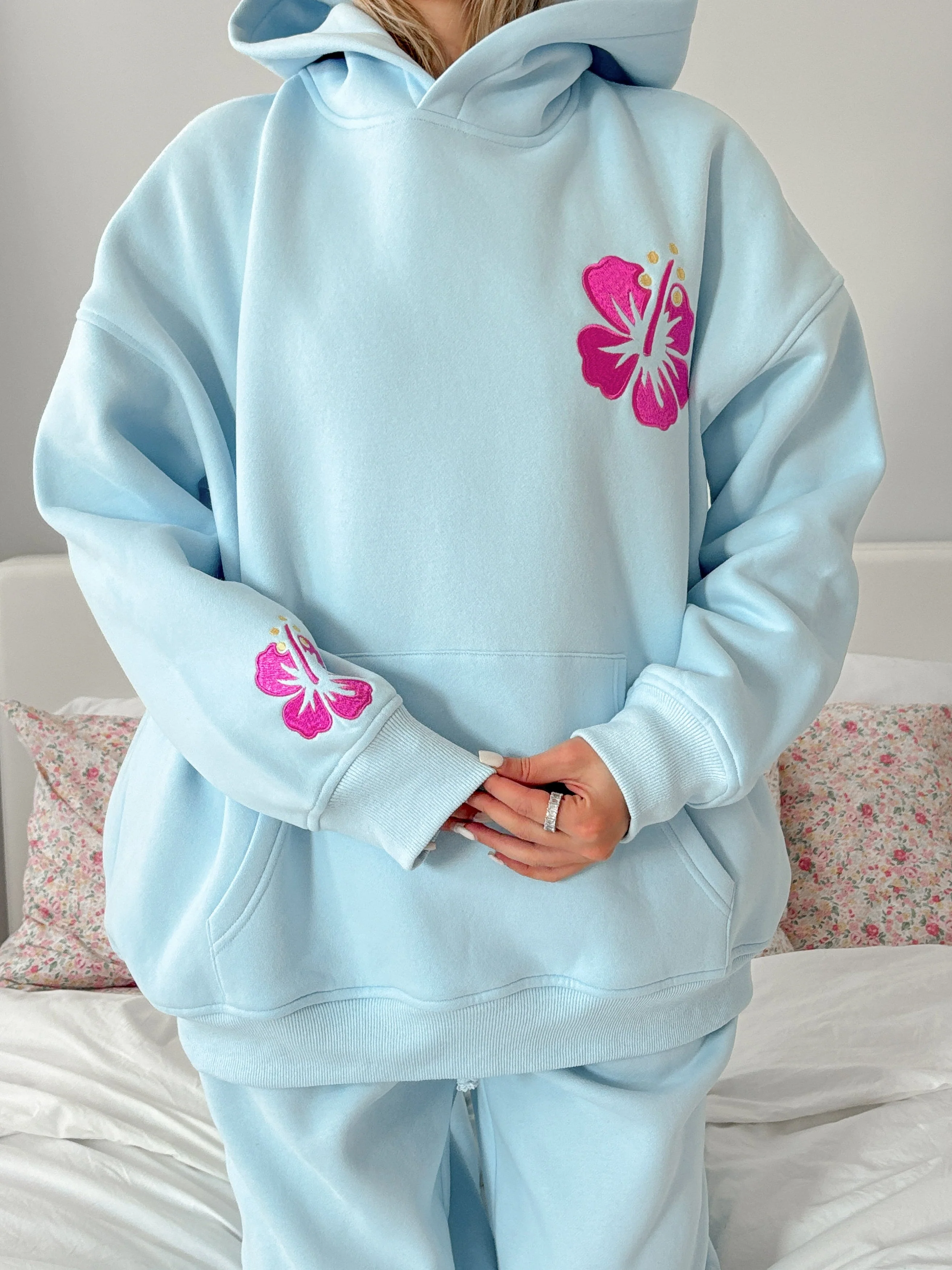 Icy Blue Hibiscus Flower Beach Babe Embroider Hoodie - Image 22