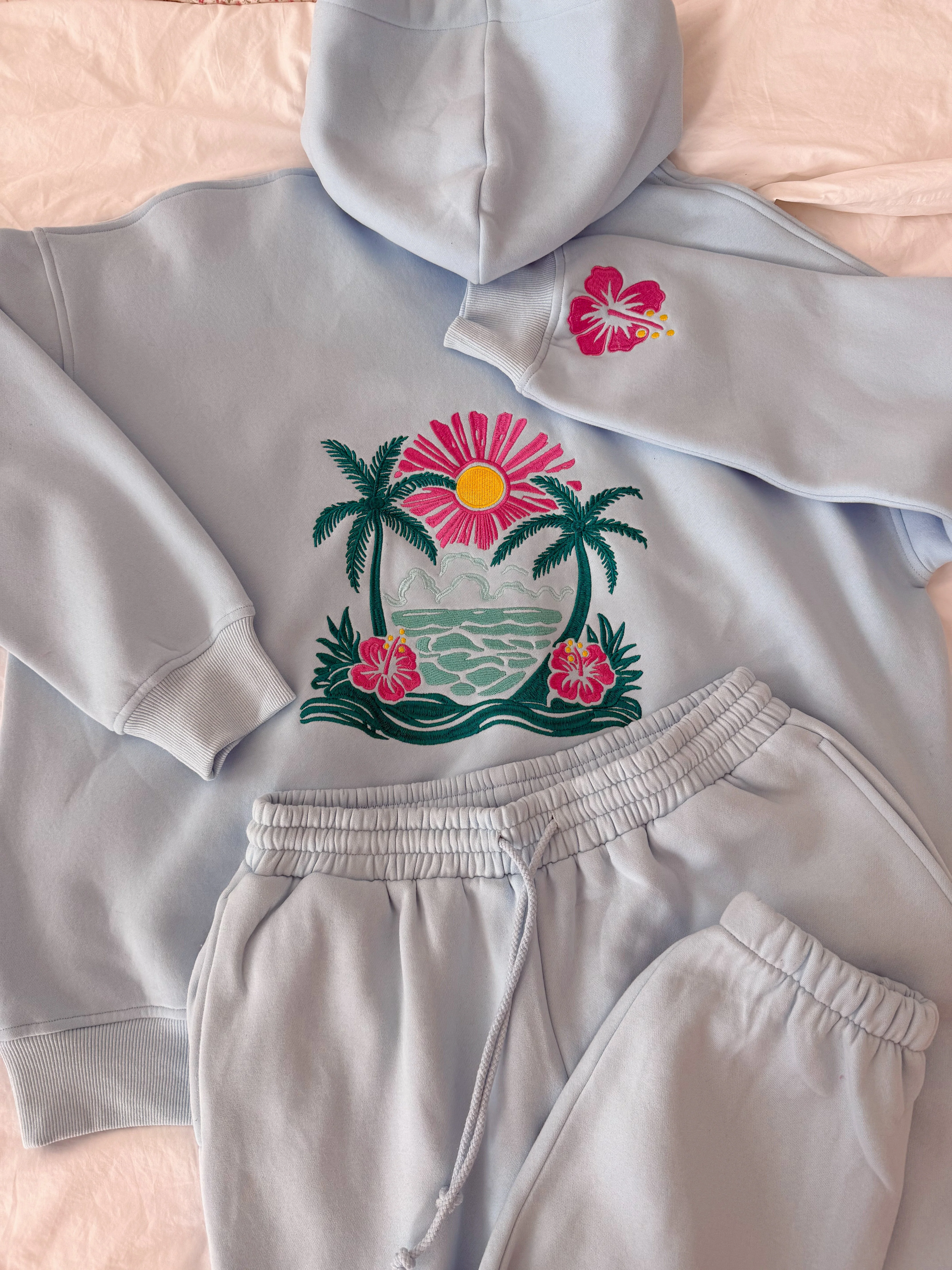 Icy Blue Hibiscus Flower Beach Babe Embroider Hoodie - Image 3