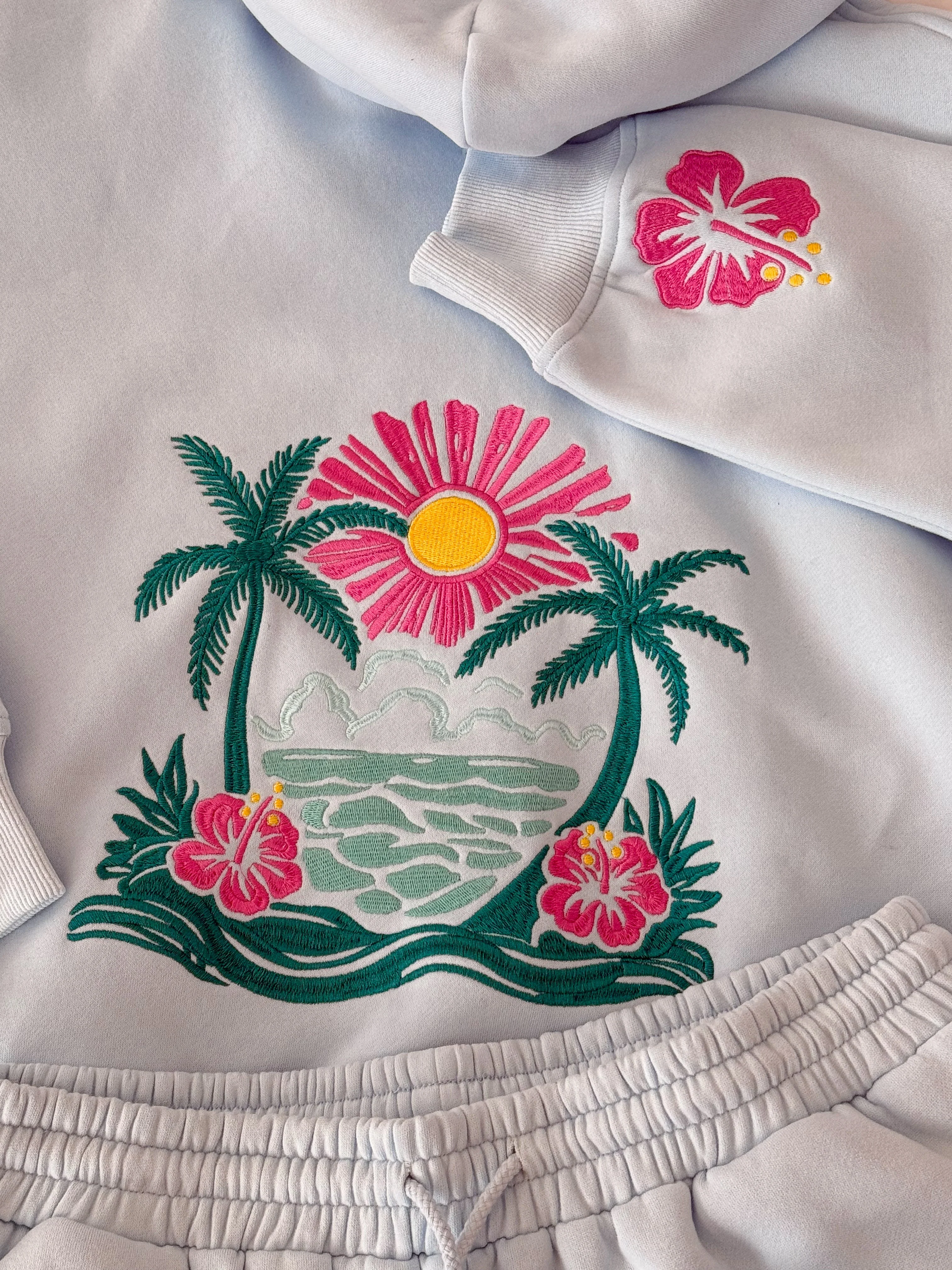 Icy Blue Hibiscus Flower Beach Babe Embroider Hoodie - Image 4