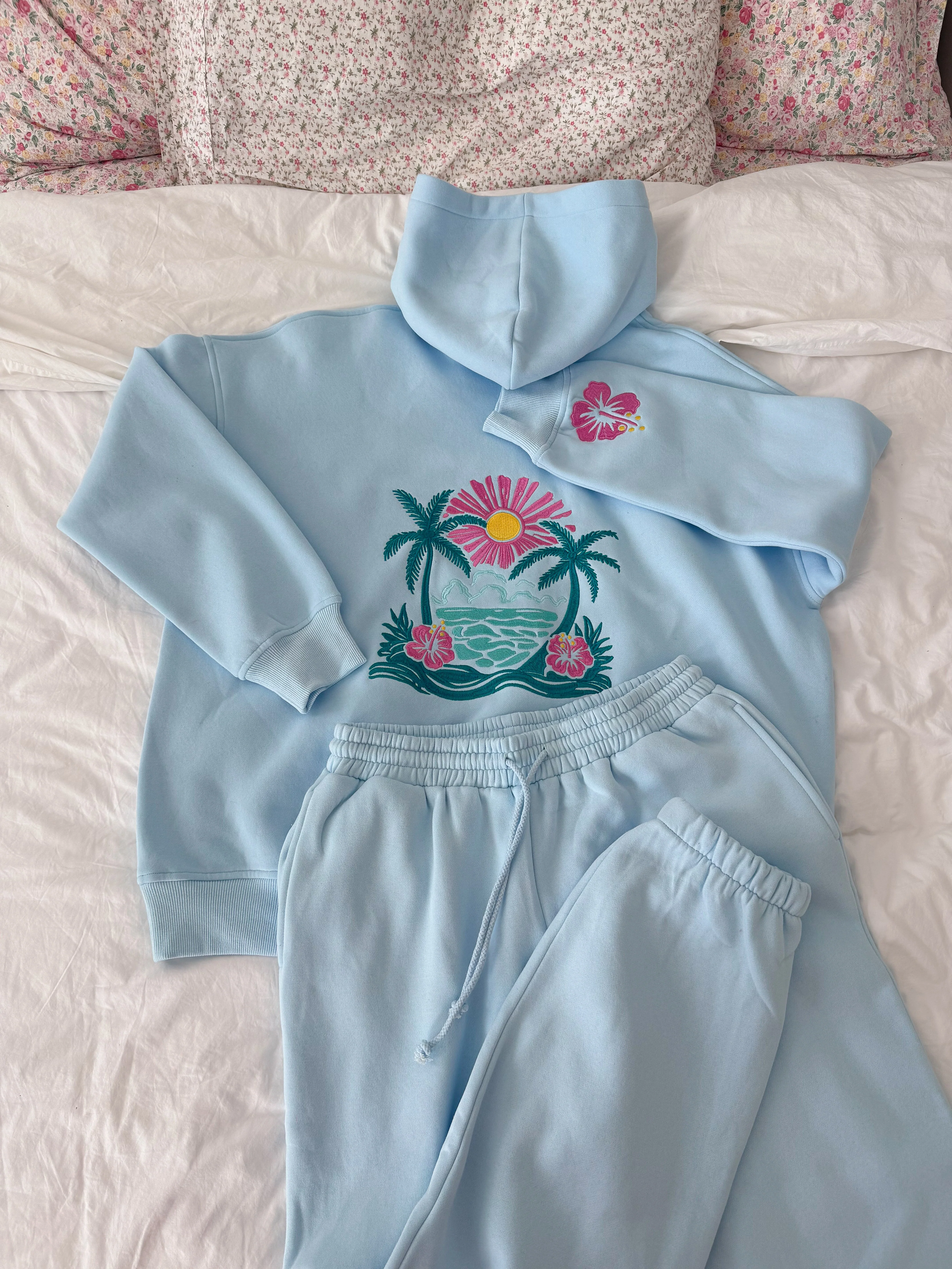 Icy Blue Hibiscus Flower Beach Babe Embroider Hoodie - Image 5