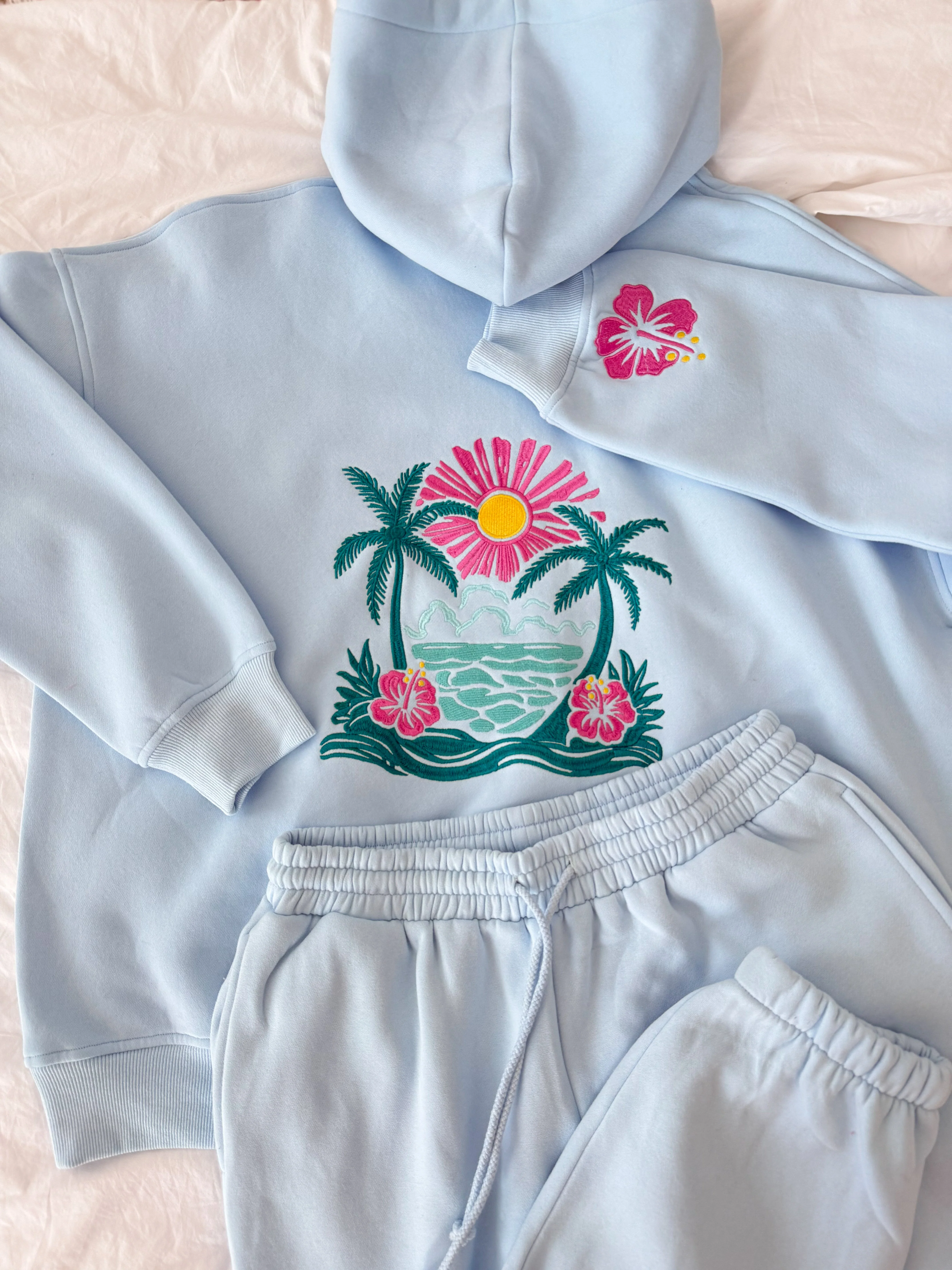 Icy Blue Hibiscus Flower Beach Babe Embroider Hoodie - Image 8