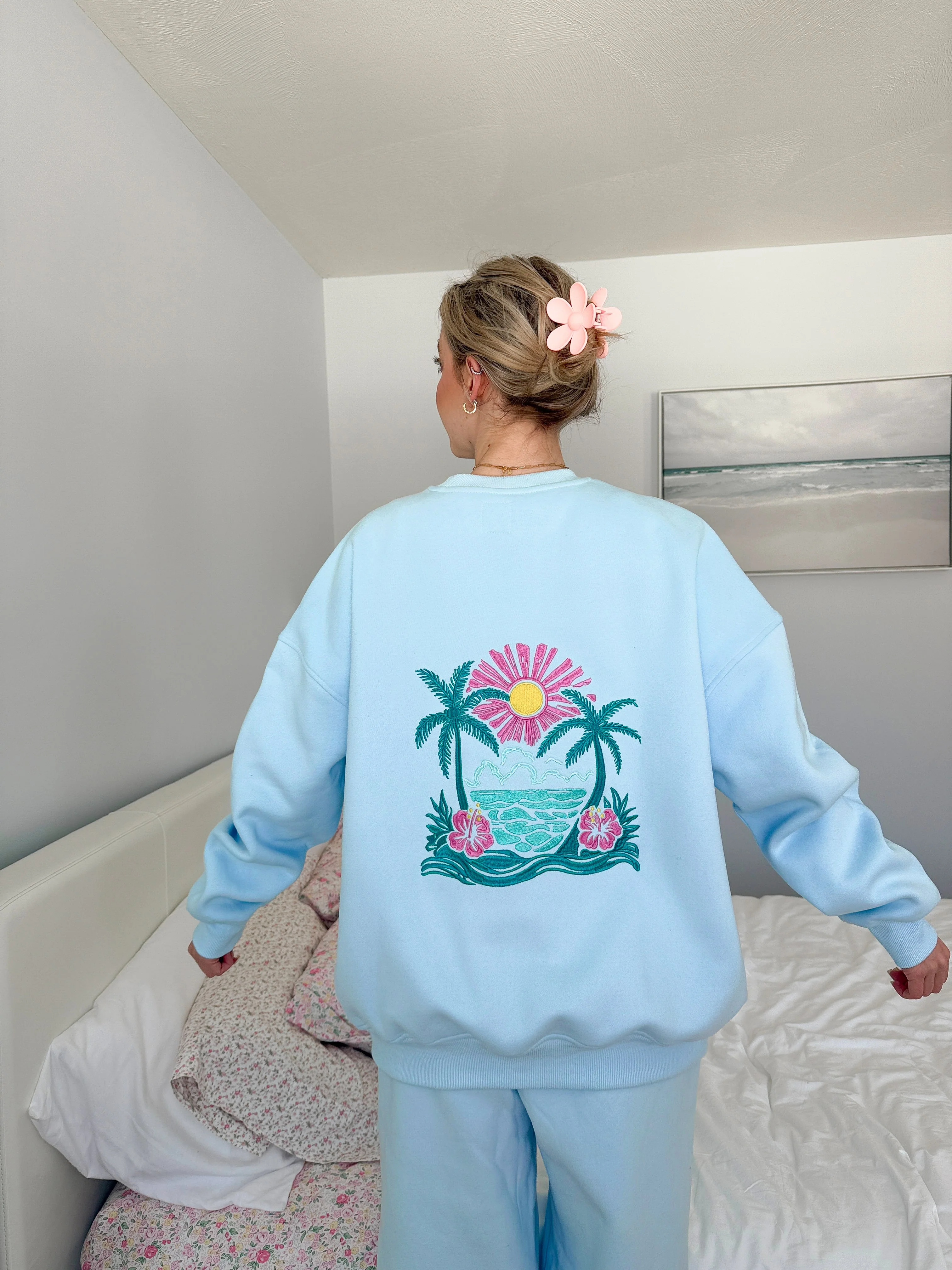 Icy Blue Hibiscus Flower Beach Babe Embroider Sweatshirt - Image 3