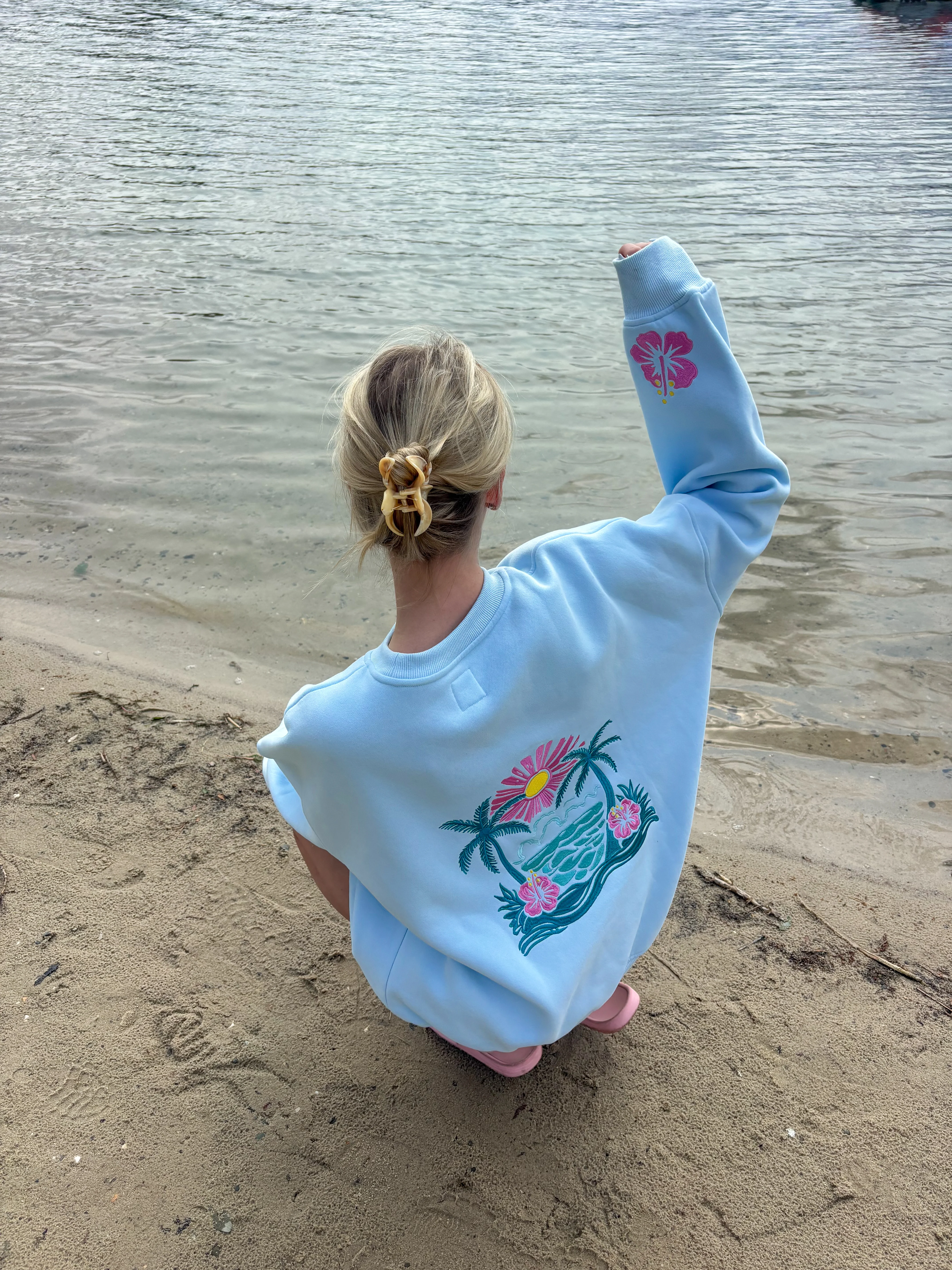 Icy Blue Hibiscus Flower Beach Babe Embroider Sweatshirt - Image 5