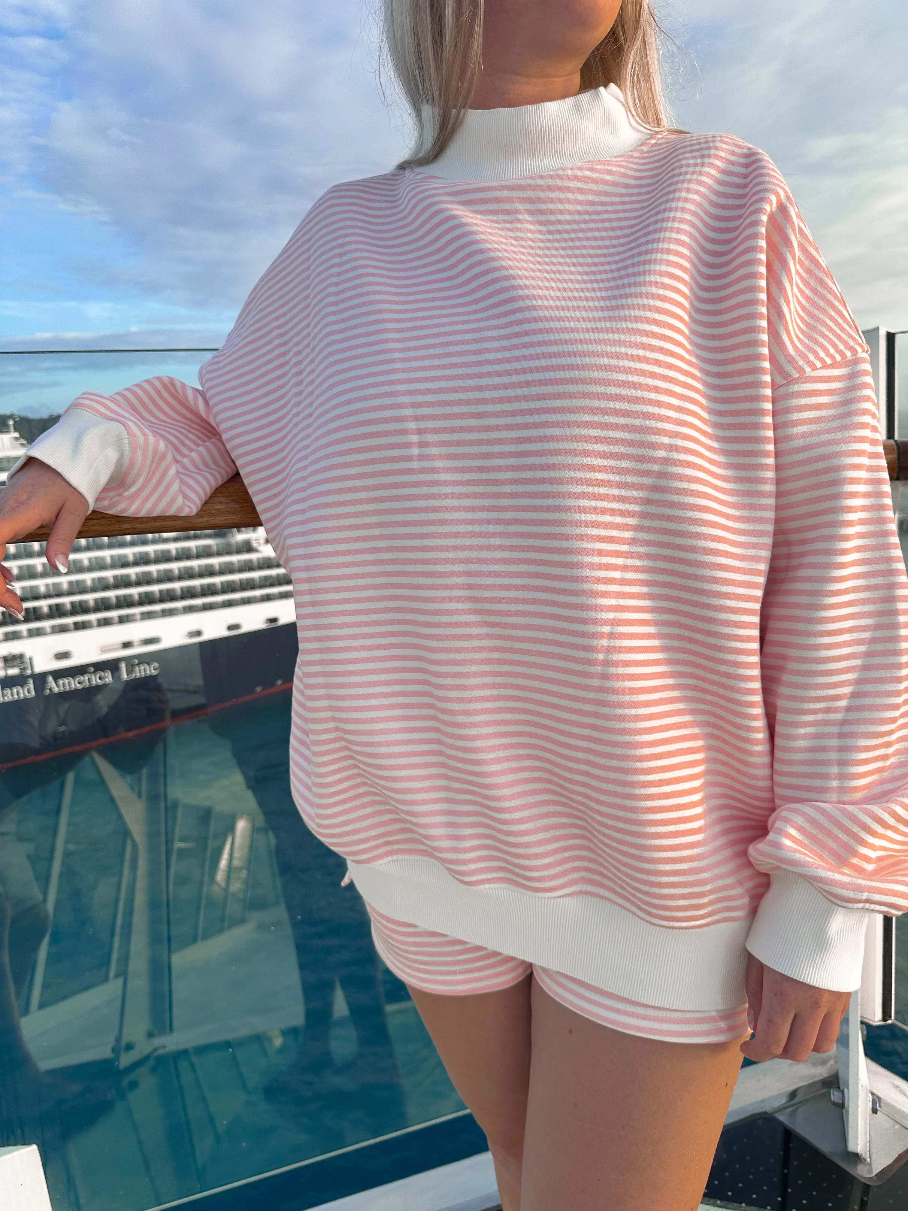 Light Pink and White Big Striped Mockneck Sweatshirt - Image 11