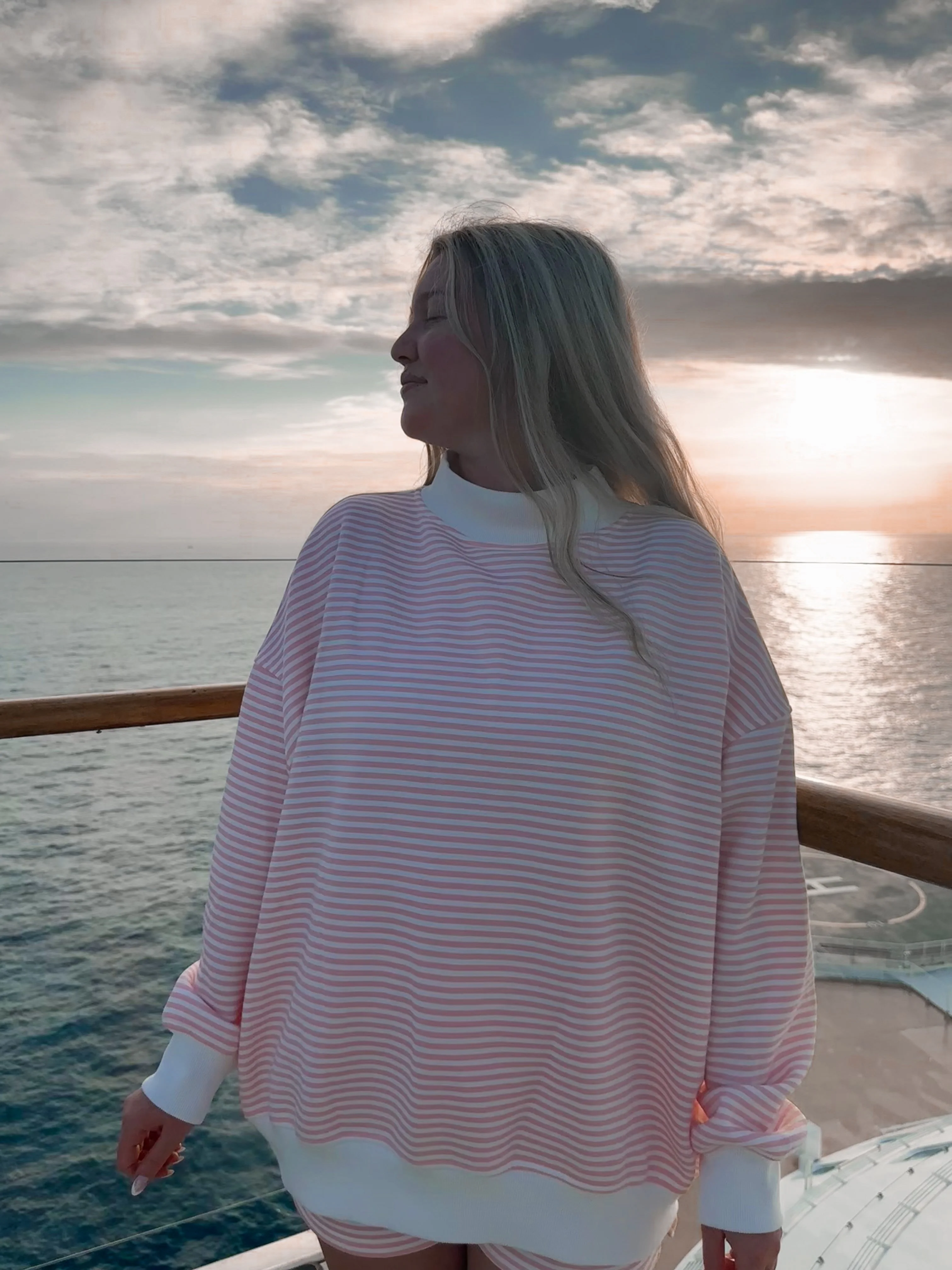Light Pink and White Big Striped Mockneck Sweatshirt - Image 14