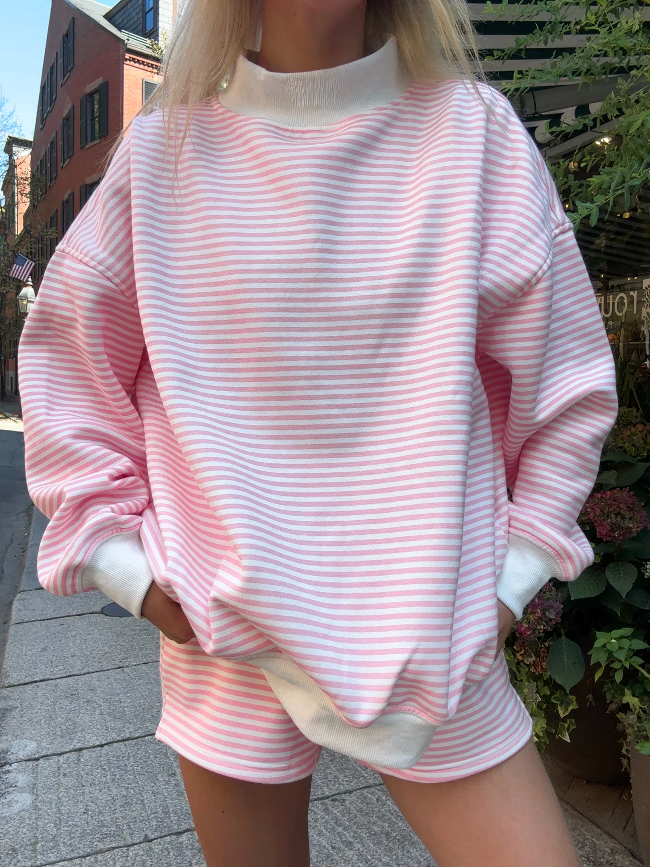 Light Pink and White Big Striped Mockneck Sweatshirt - Image 2