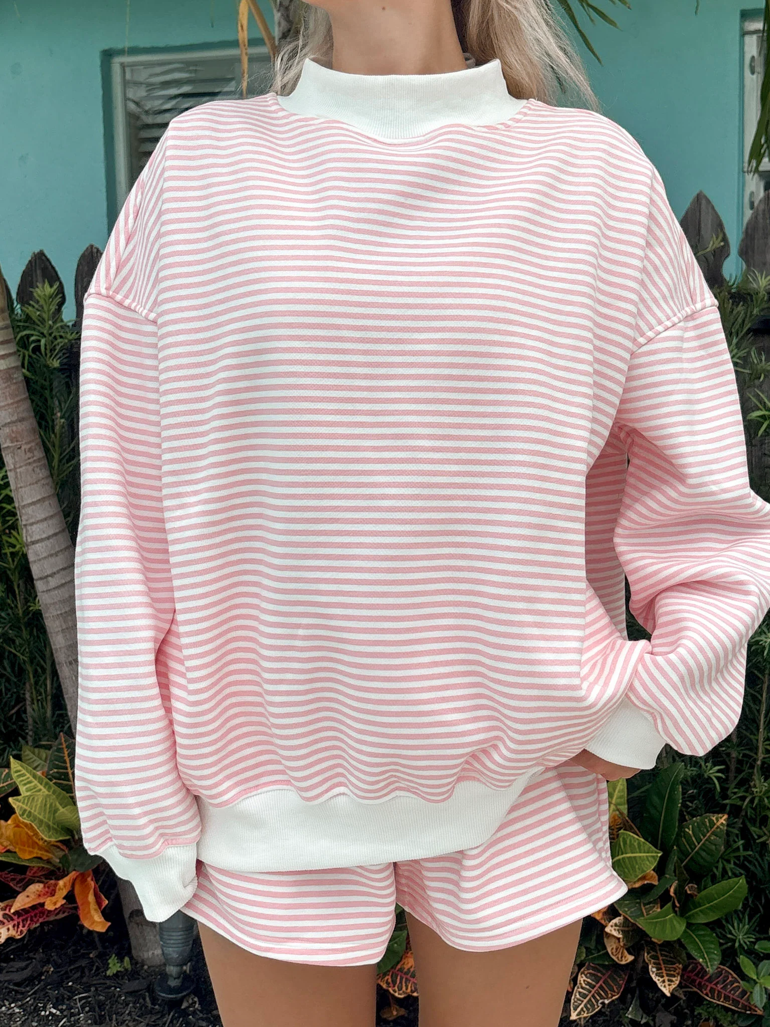 Light Pink and White Big Striped Mockneck Sweatshirt - Image 22