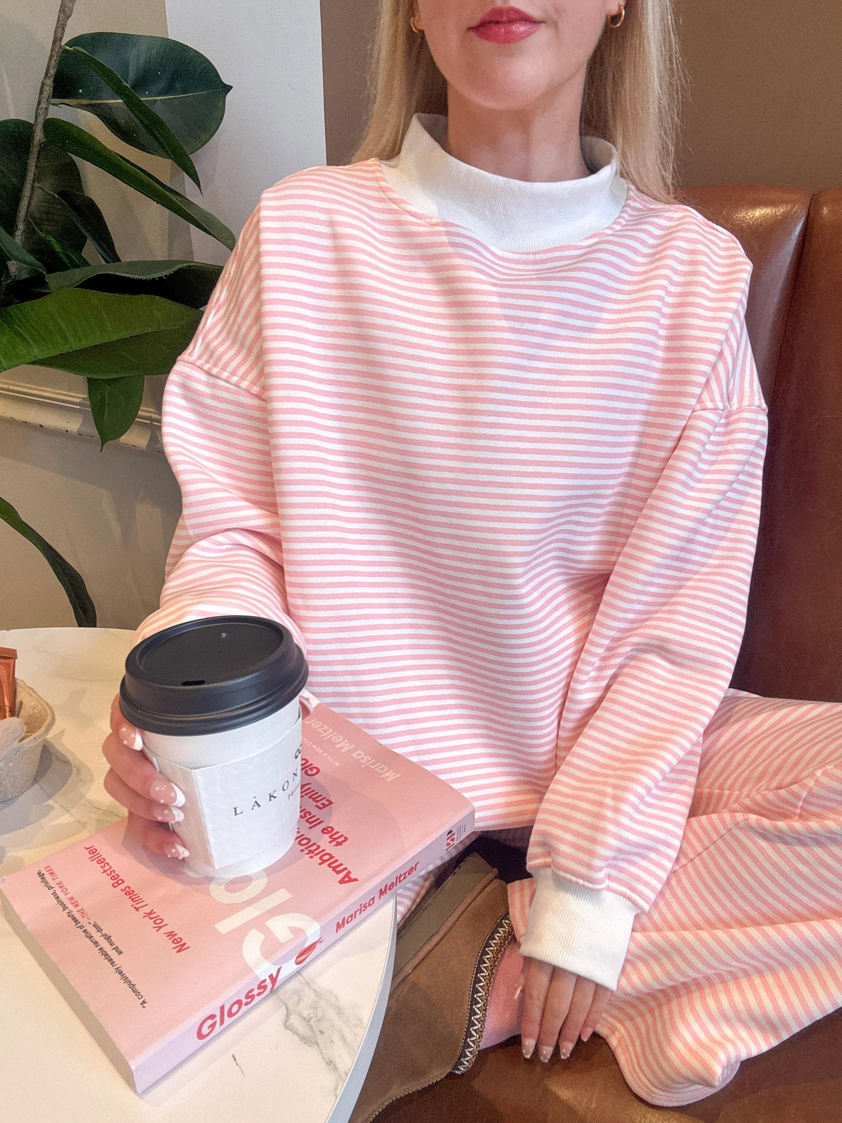 Light Pink and White Big Striped Mockneck Sweatshirt - Image 3