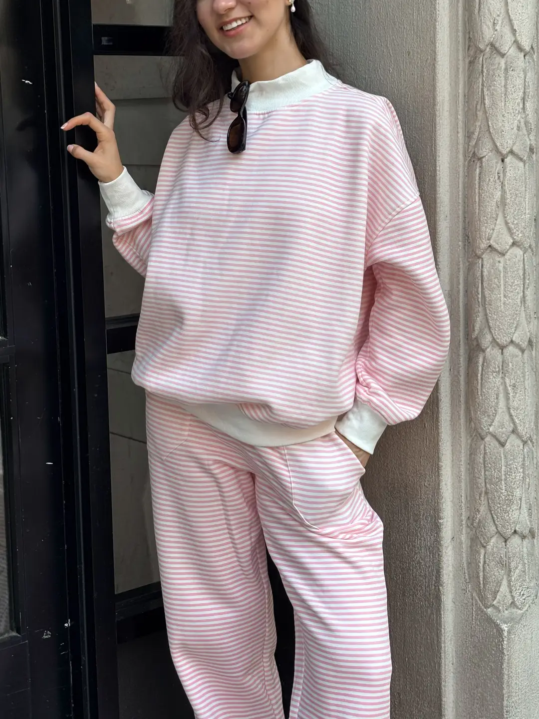 Light Pink and White Big Striped Mockneck Sweatshirt - Image 4
