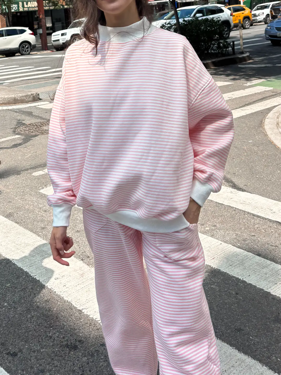 Light Pink and White Big Striped Mockneck Sweatshirt - Image 5
