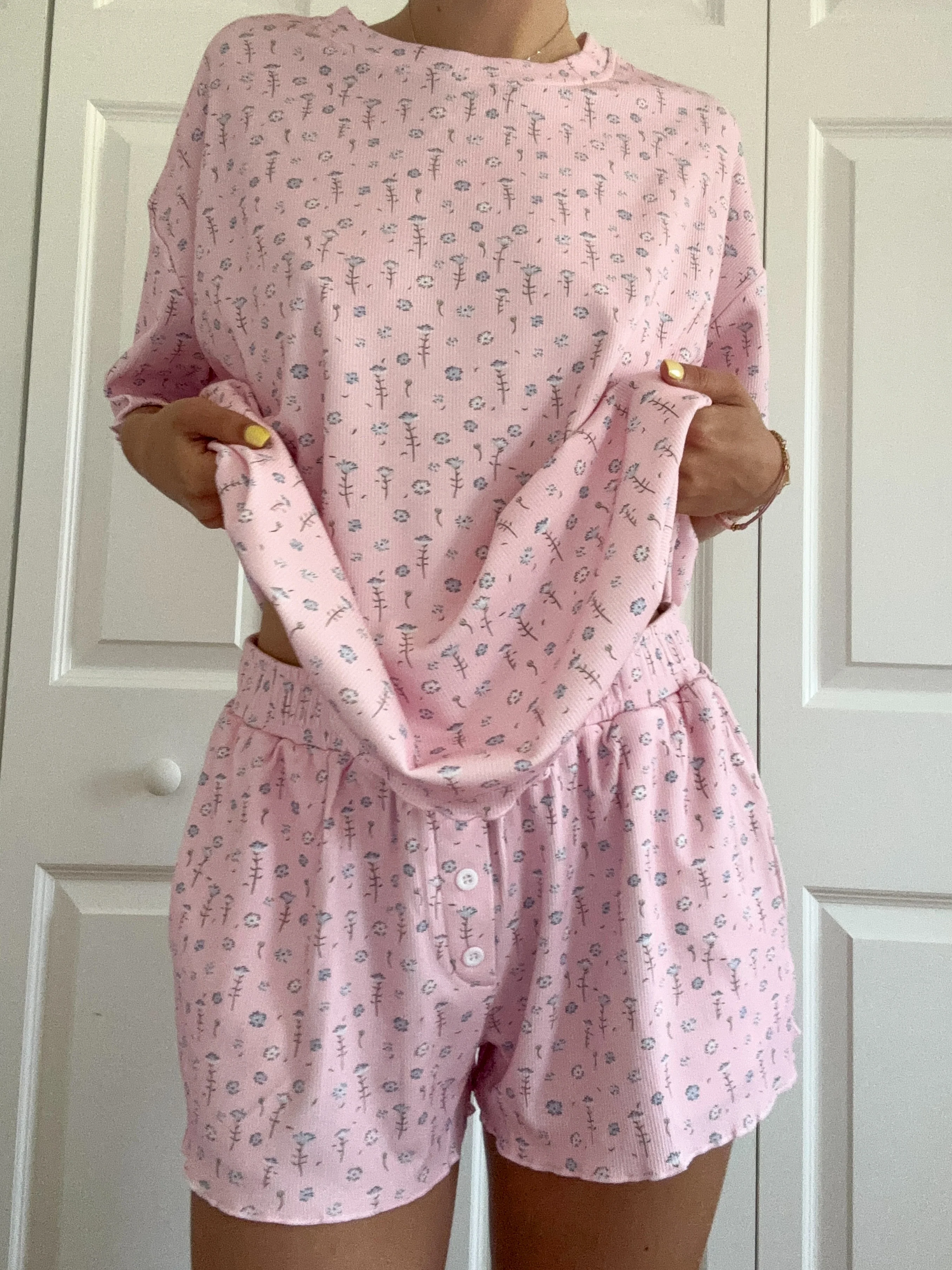 Light Pink Ditsy Blue Floral Pajama Shorts - Image 7