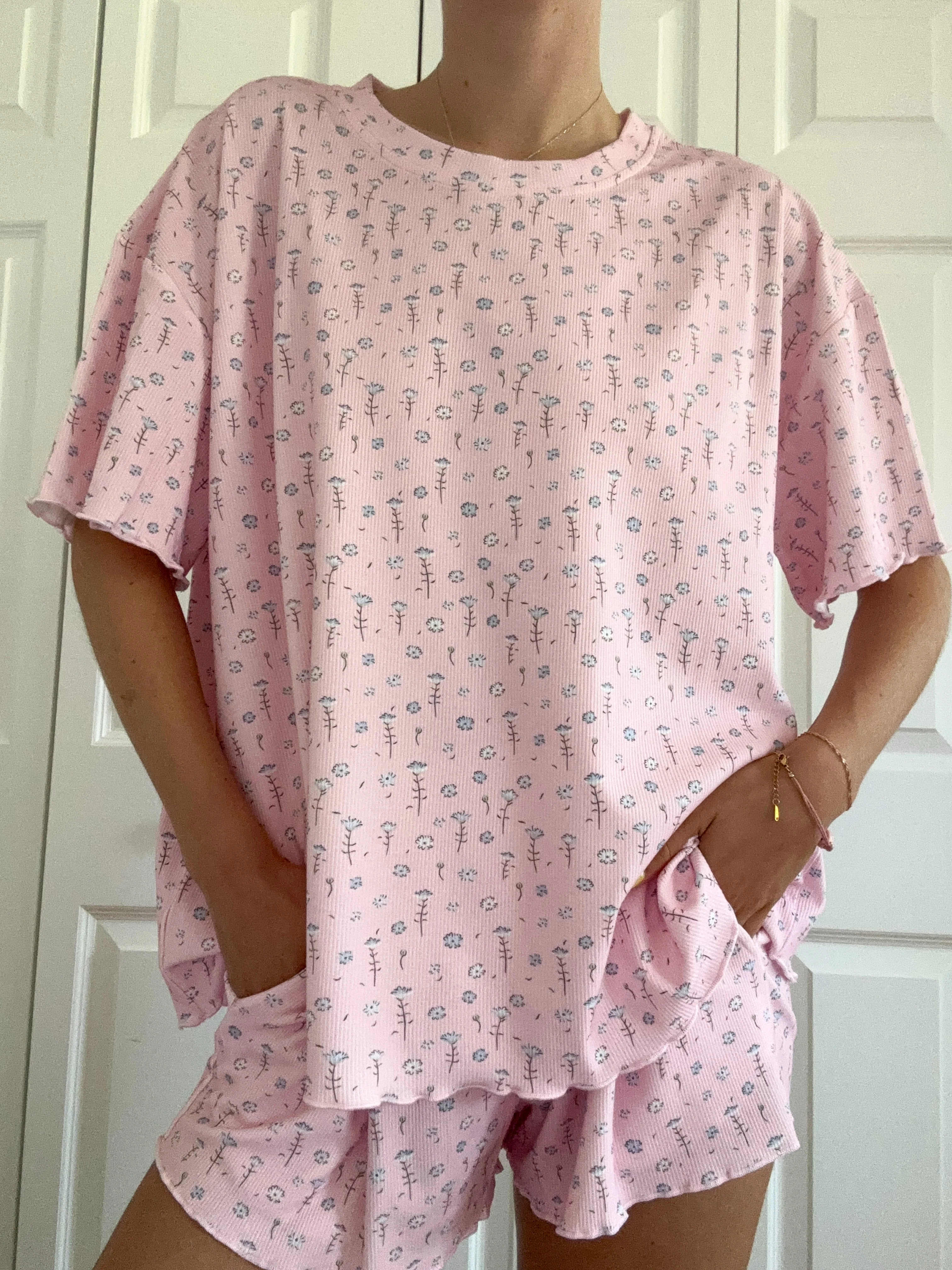 Light Pink Ditsy Blue Floral Short Sleeve Pajama Top - Image 2