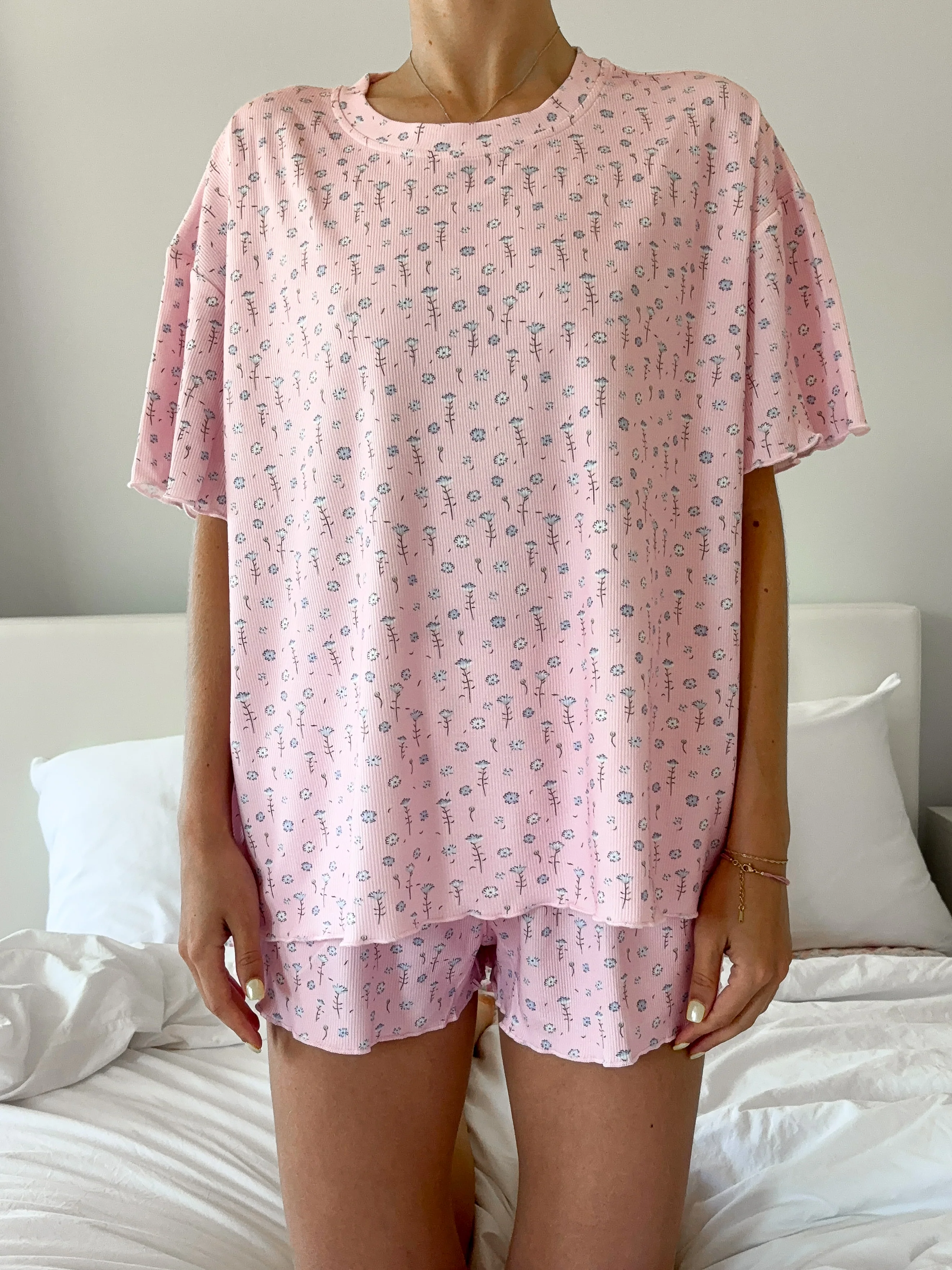Light Pink Ditsy Blue Floral Short Sleeve Pajama Top - Image 7