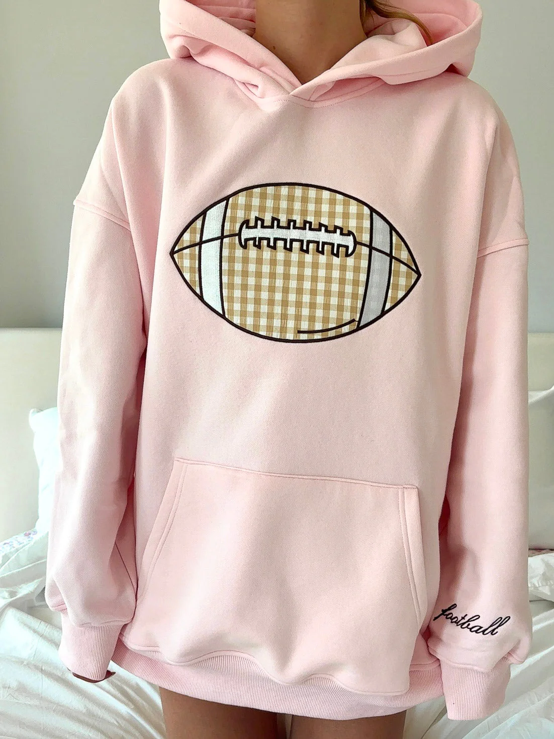 Light Pink Game Day Gingham Football Embroider Hoodie