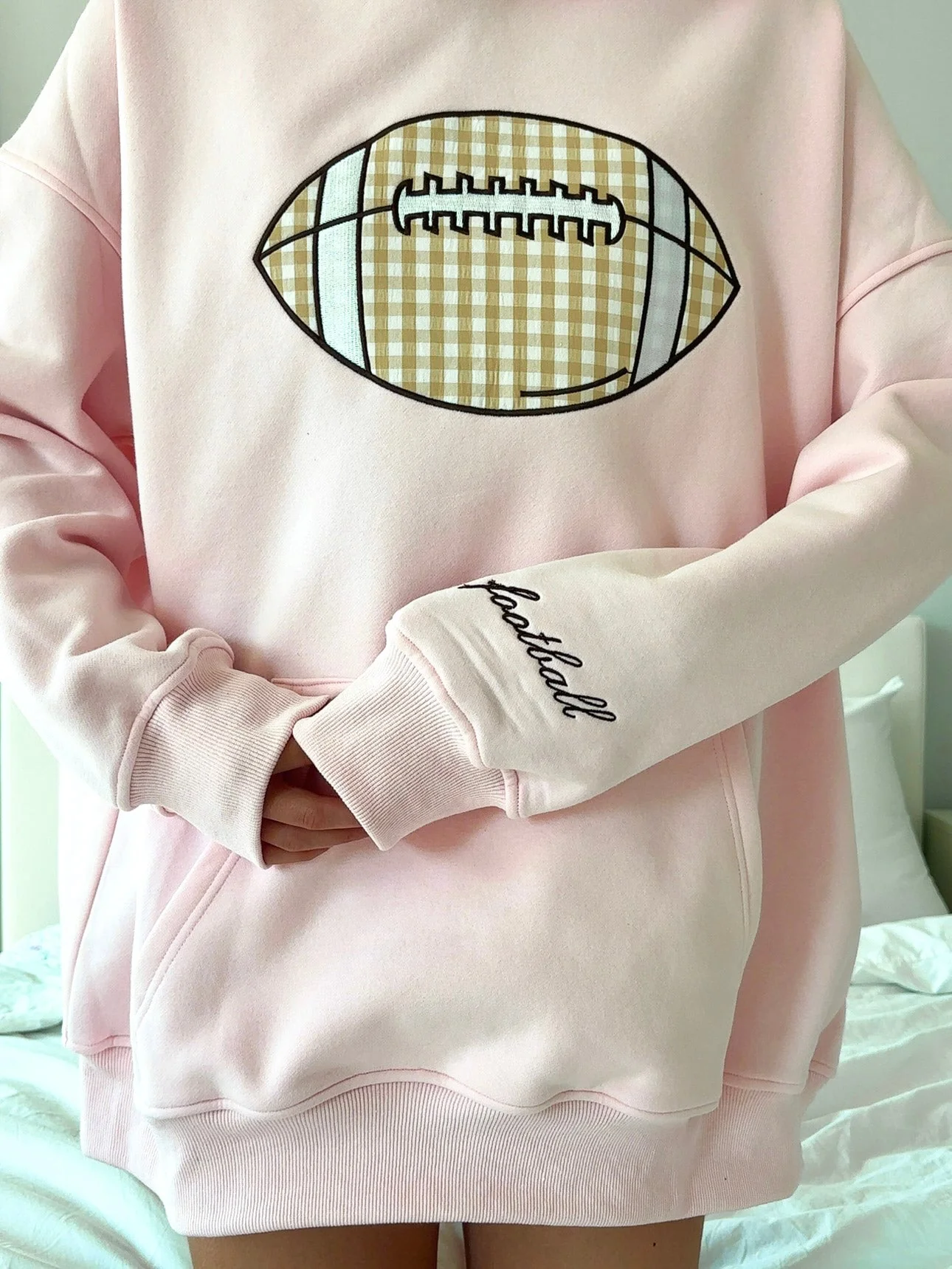 Light Pink Game Day Gingham Football Embroider Hoodie - Image 11
