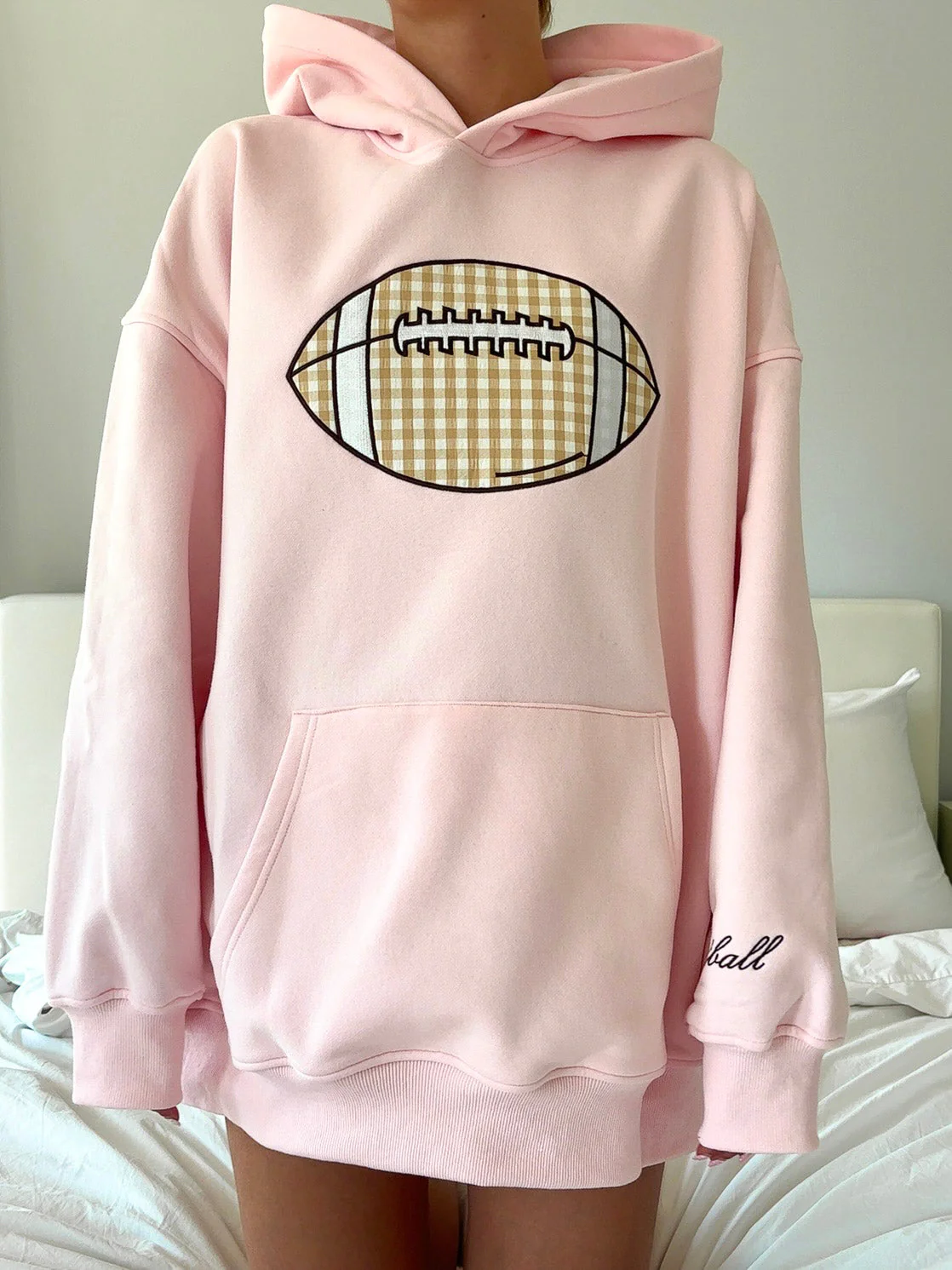 Light Pink Game Day Gingham Football Embroider Hoodie - Image 2