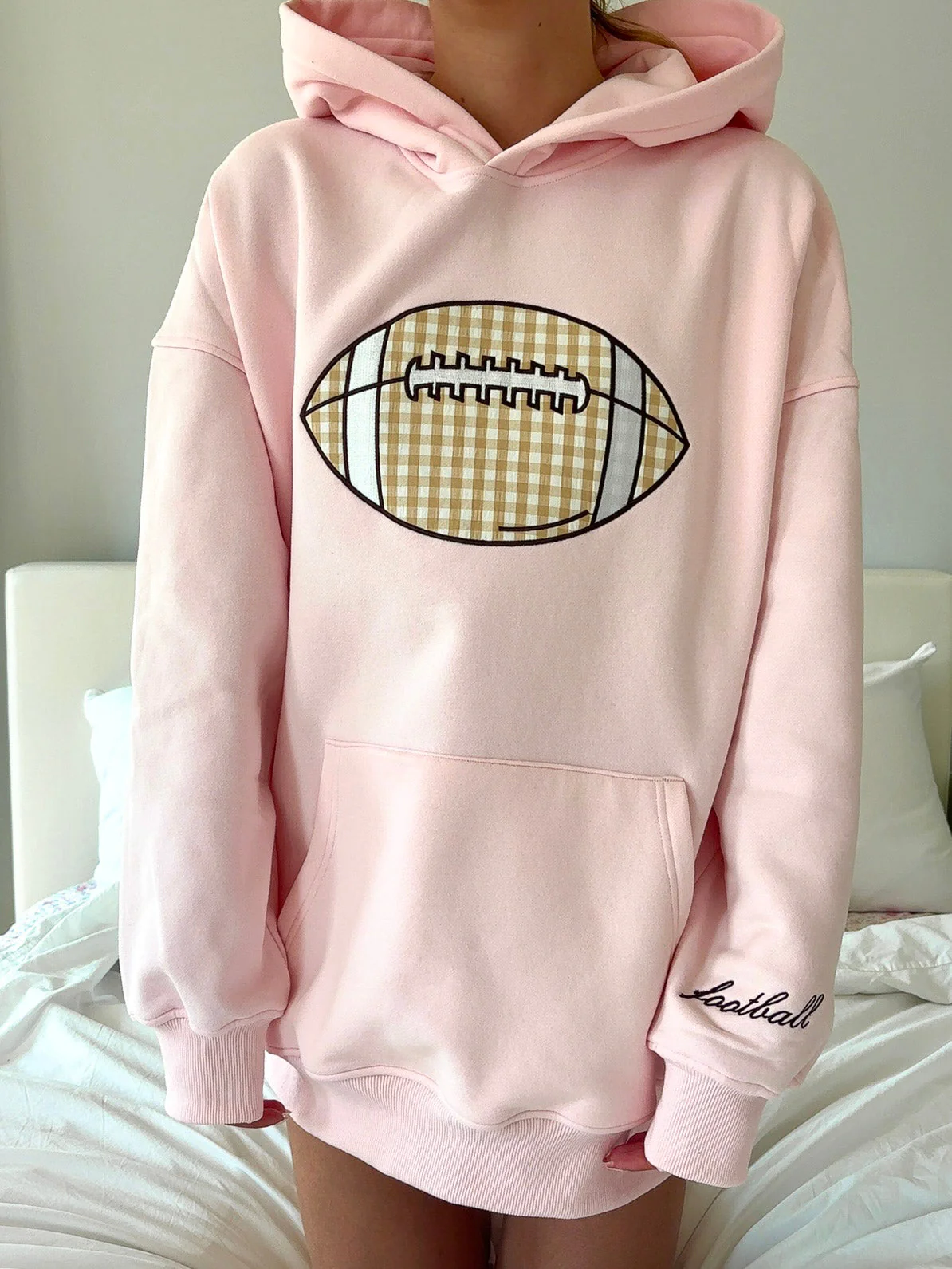 Light Pink Game Day Gingham Football Embroider Hoodie - Image 3