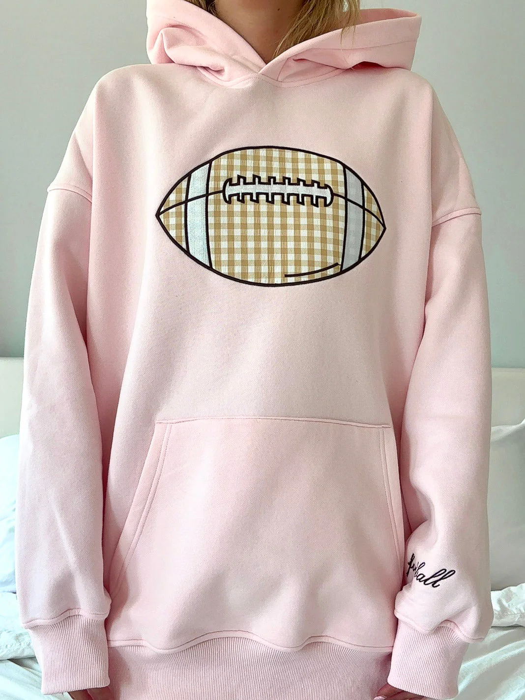 Light Pink Game Day Gingham Football Embroider Hoodie - Image 4