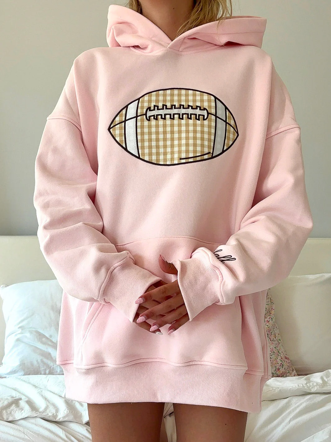 Light Pink Game Day Gingham Football Embroider Hoodie - Image 5