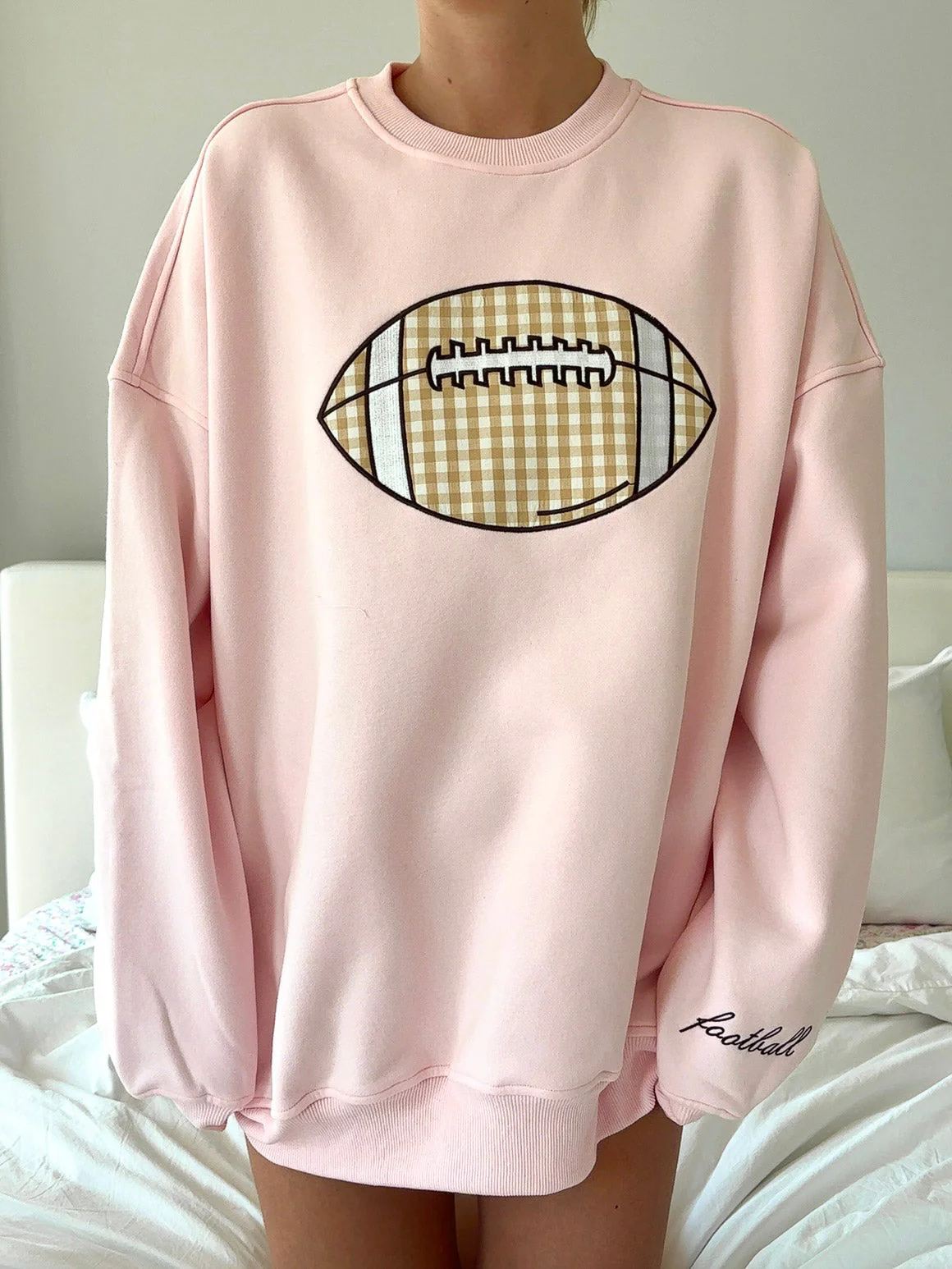 Light Pink Game Day Gingham Football Embroider Sweatshirt