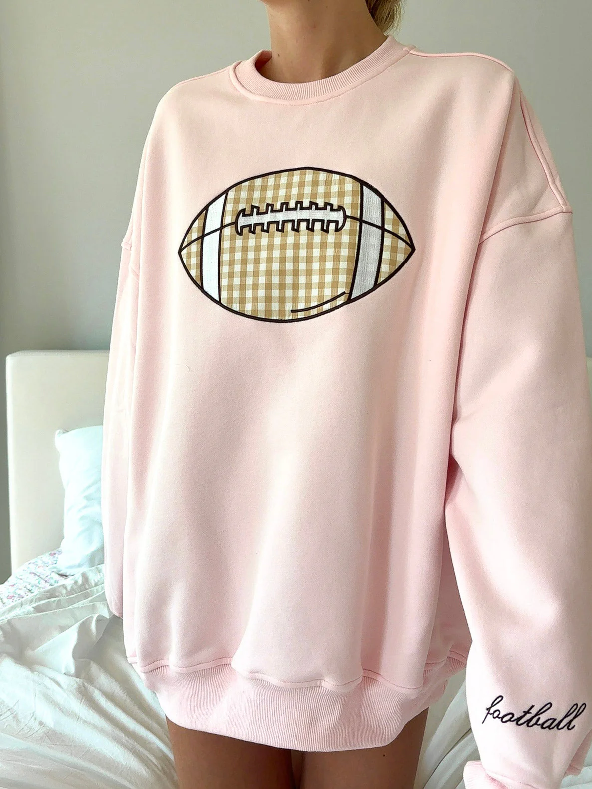 Light Pink Game Day Gingham Football Embroider Sweatshirt - Image 2