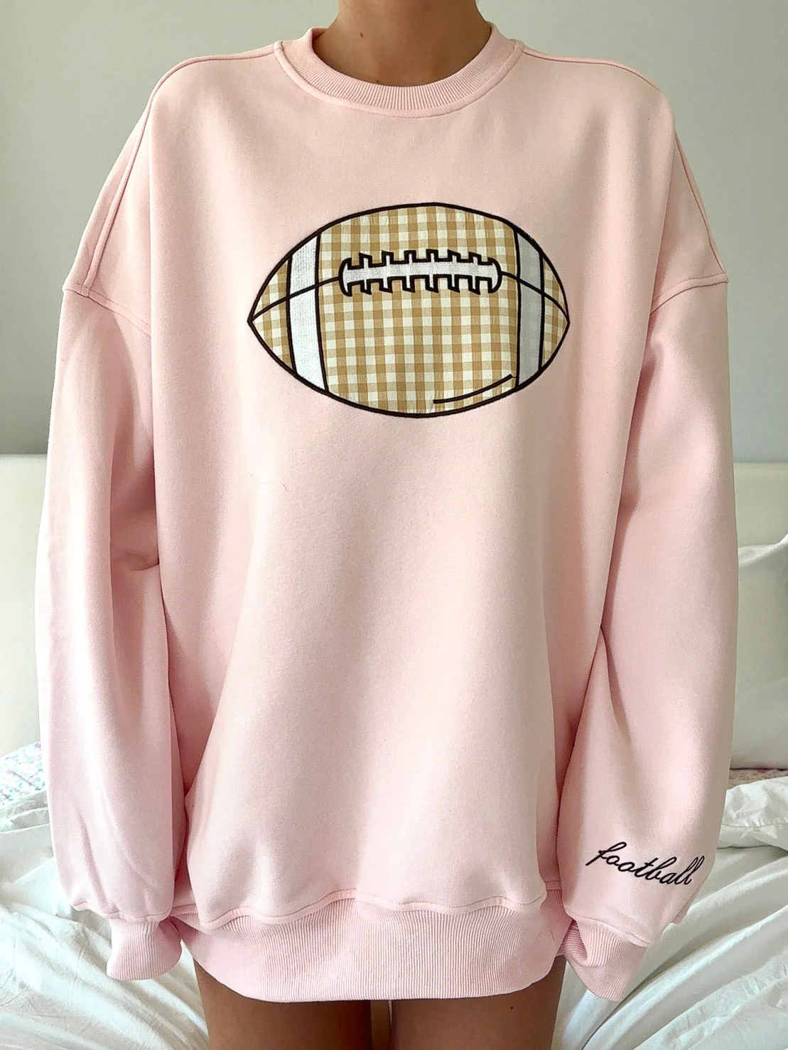 Light Pink Game Day Gingham Football Embroider Sweatshirt - Image 3