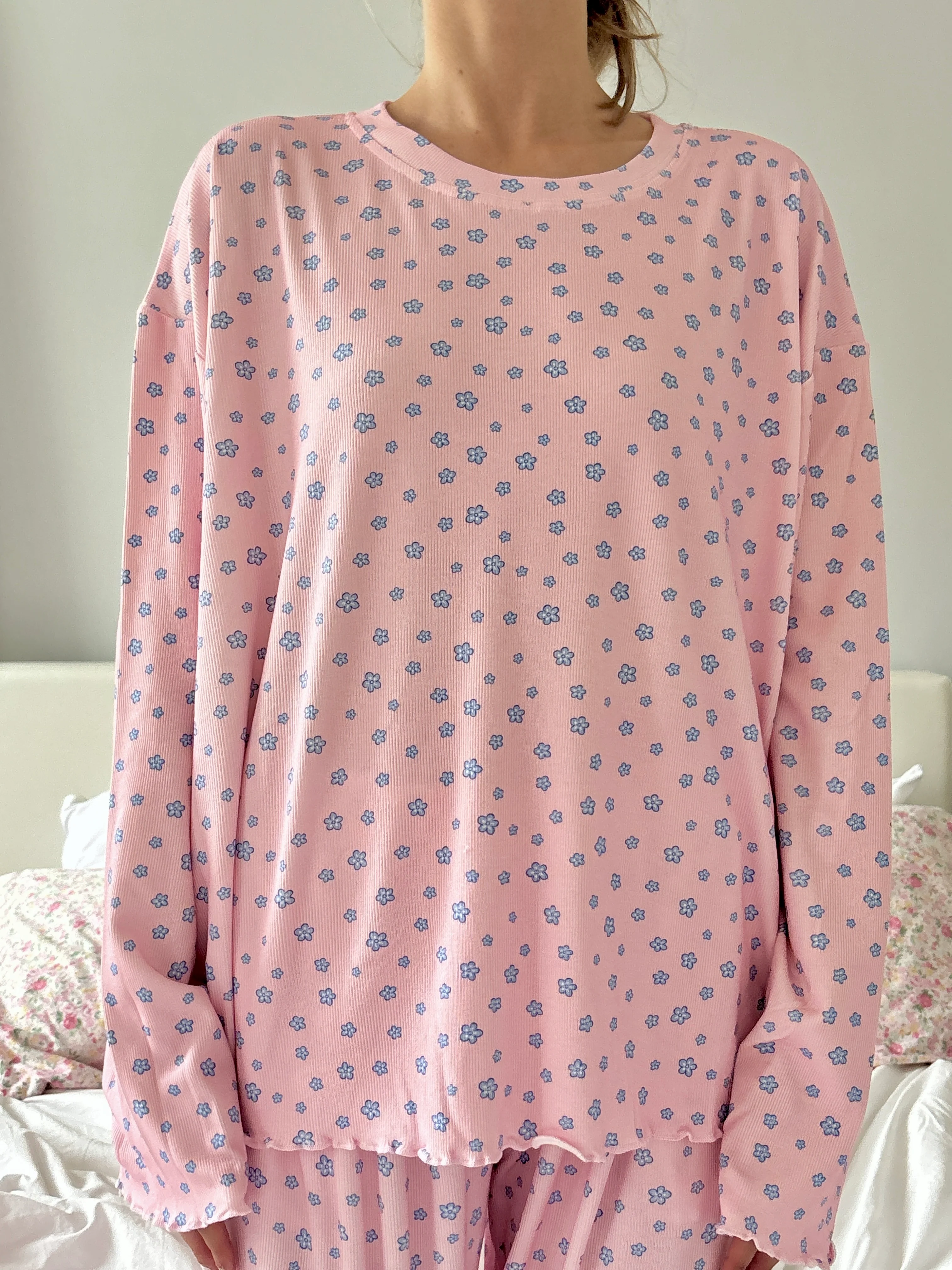 Light Pink Lilo Blue Floral Long Sleeve Pajama Top