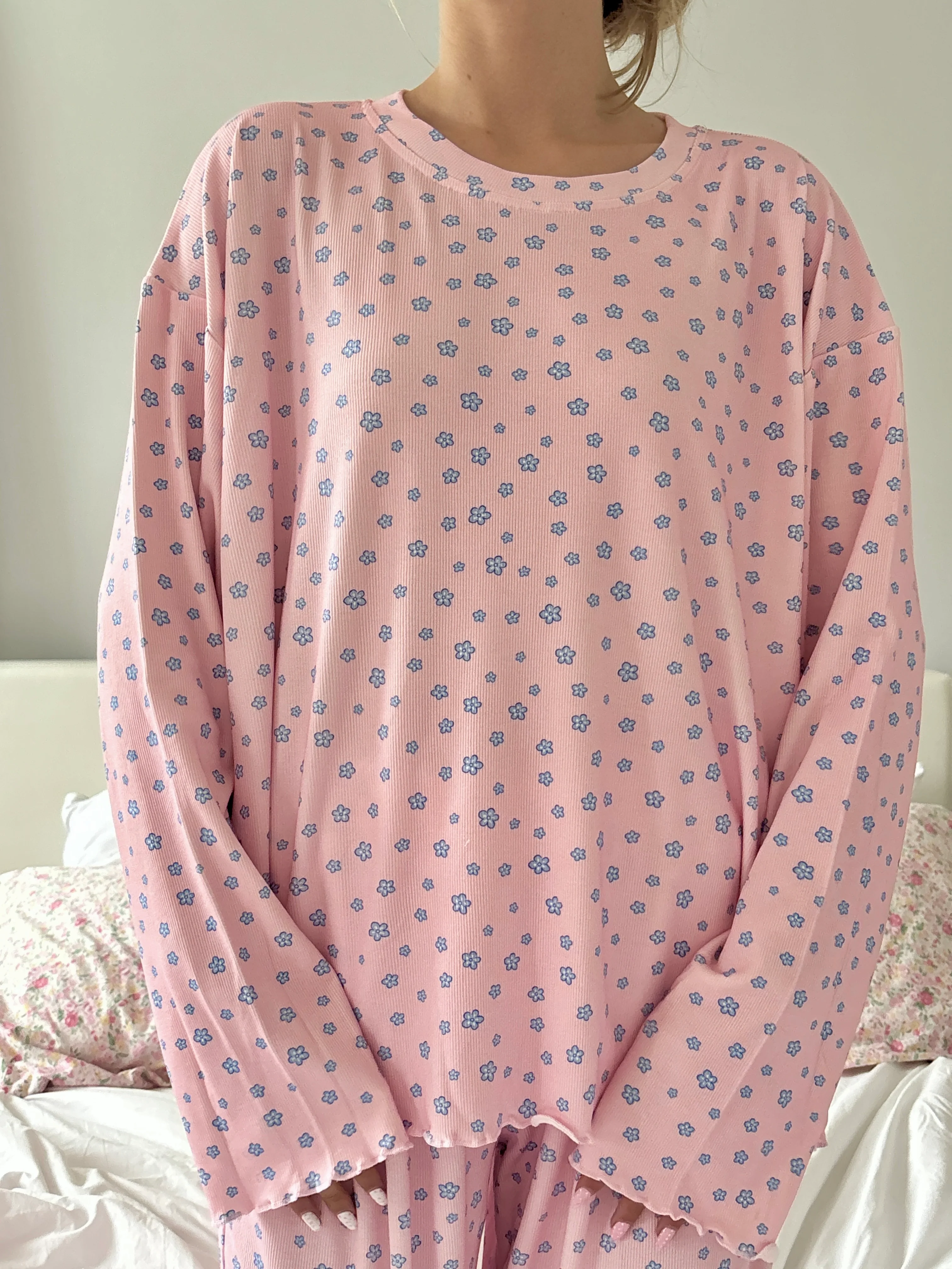 Light Pink Lilo Blue Floral Long Sleeve Pajama Top - Image 2