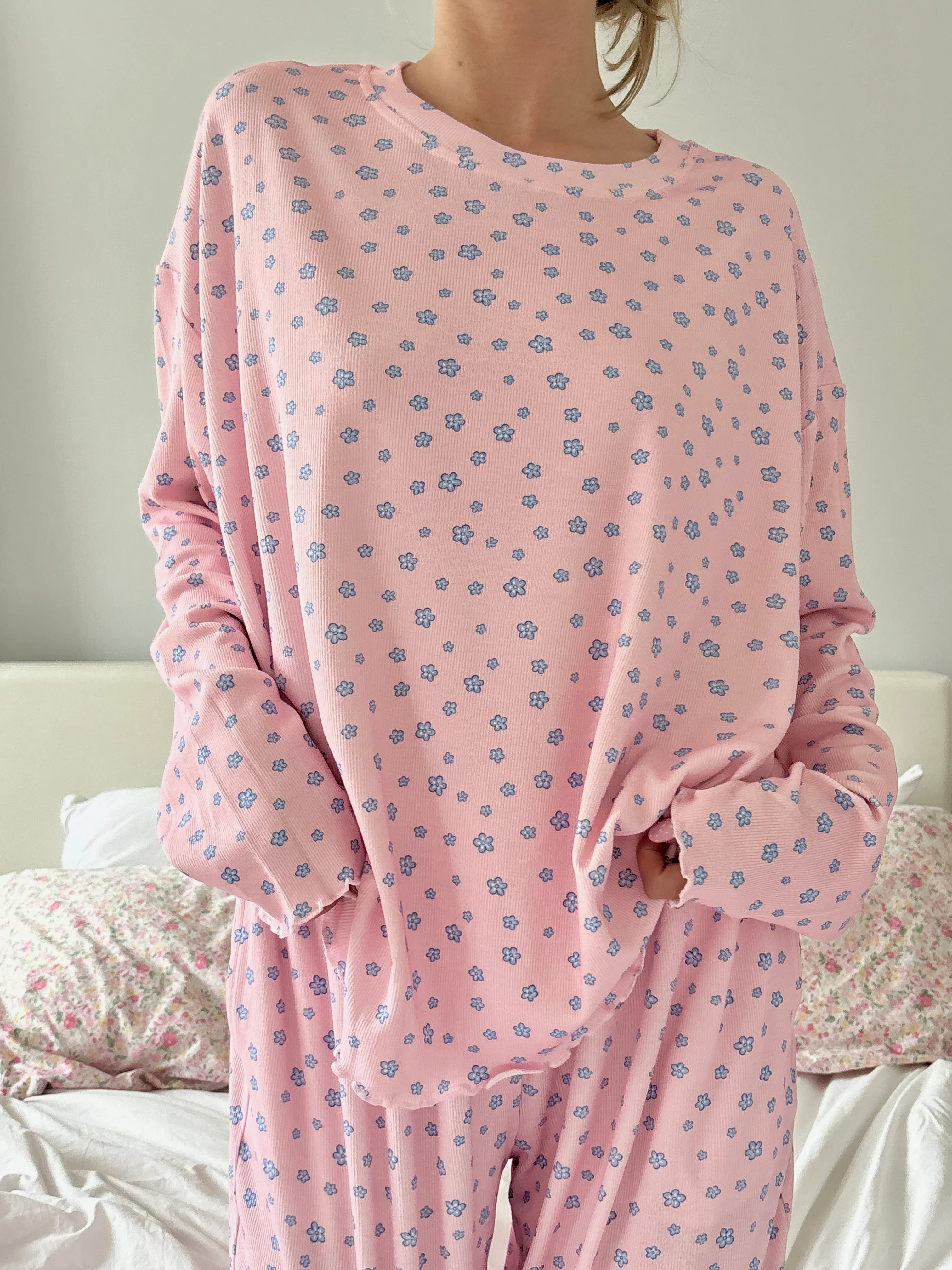 Light Pink Lilo Blue Floral Long Sleeve Pajama Top - Image 3
