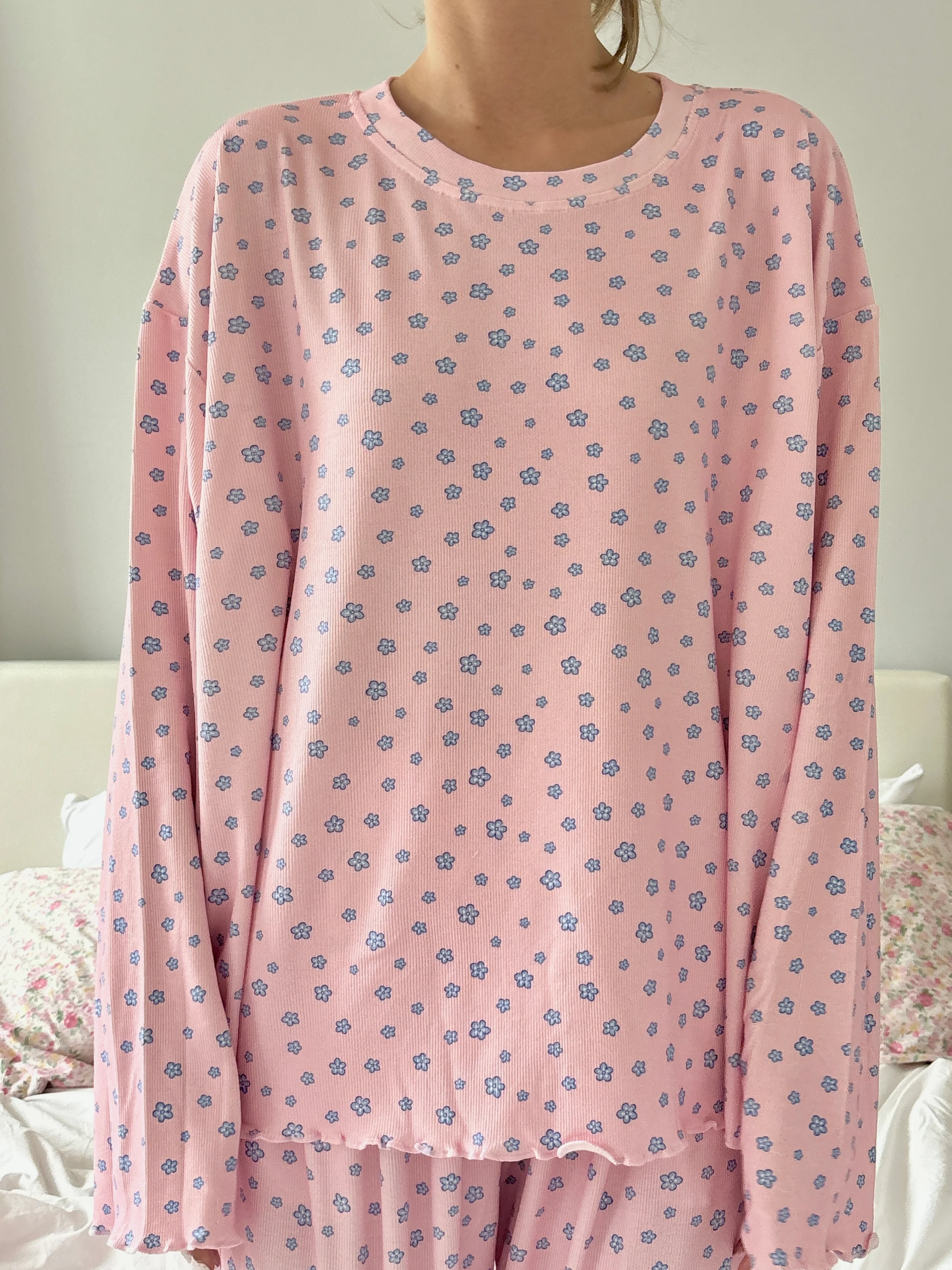 Light Pink Lilo Blue Floral Long Sleeve Pajama Top - Image 4