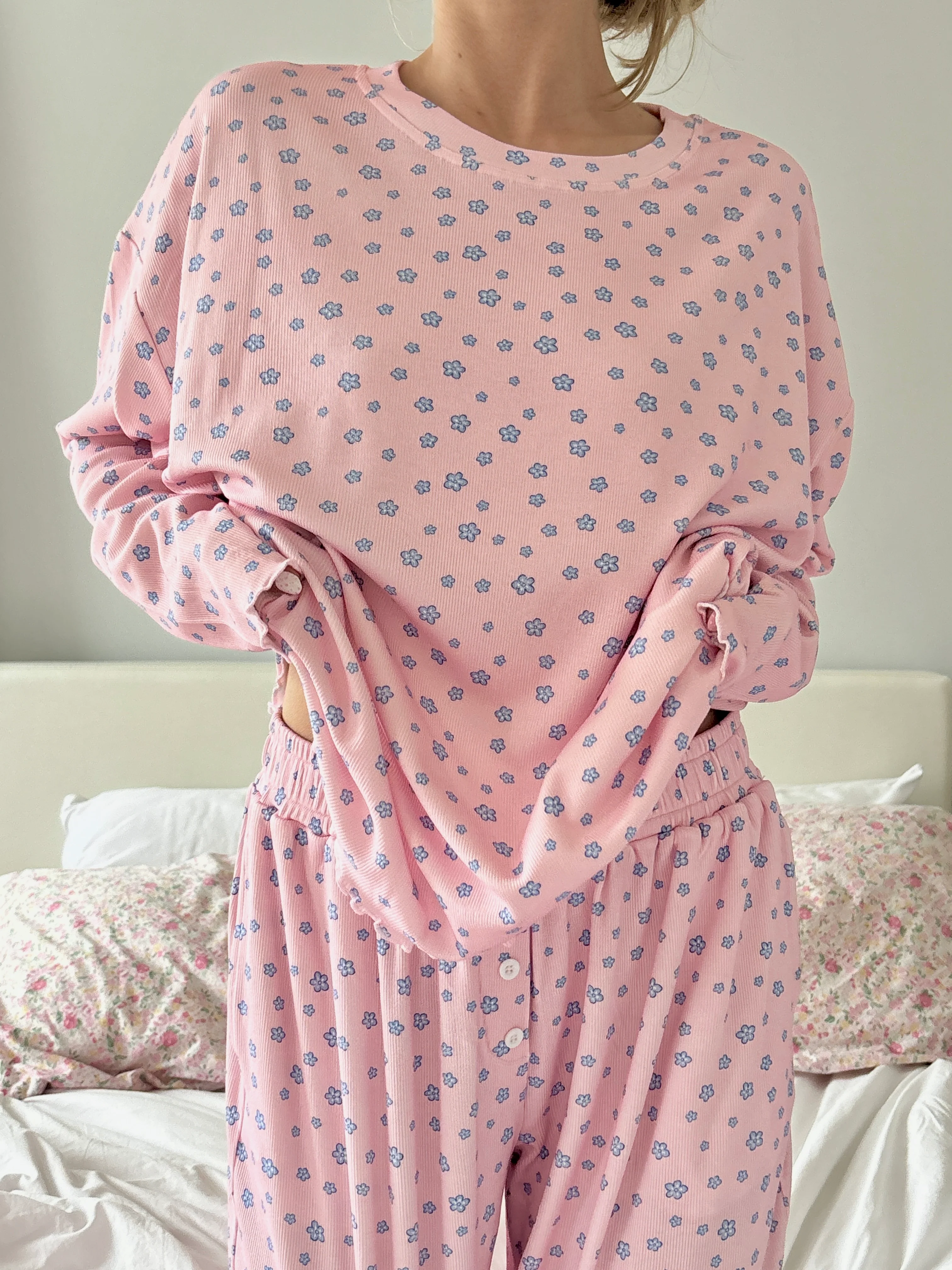 Light Pink Lilo Blue Floral Long Sleeve Pajama Top - Image 5