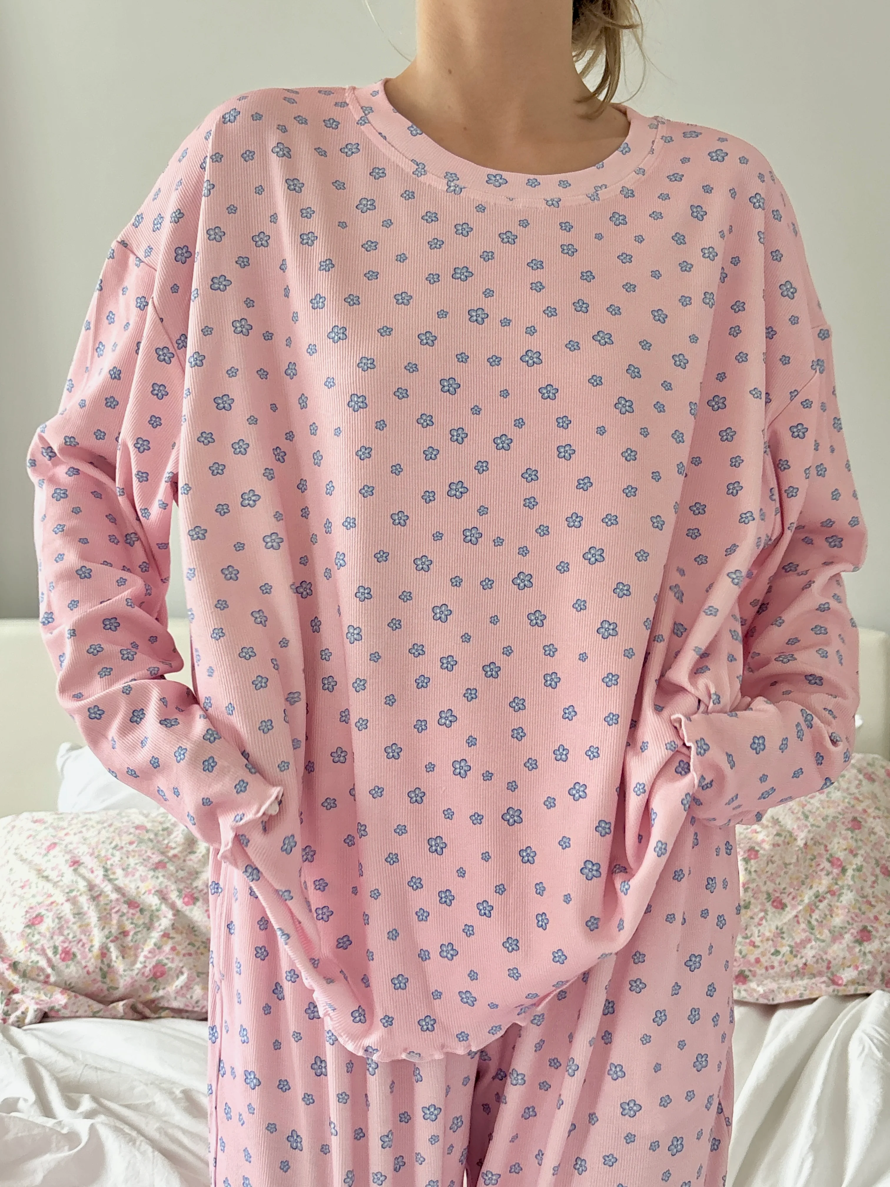 Light Pink Lilo Blue Floral Long Sleeve Pajama Top - Image 6