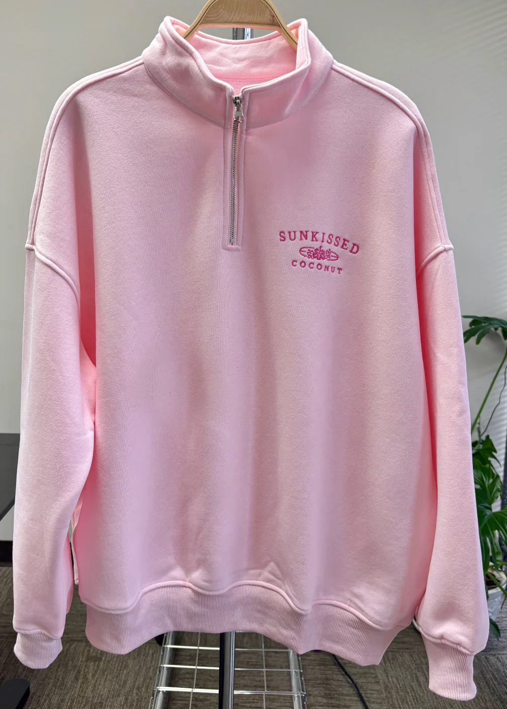 Light Pink Embroider Quarter Zip-Up Sunkissedcoconut Sweatshirt