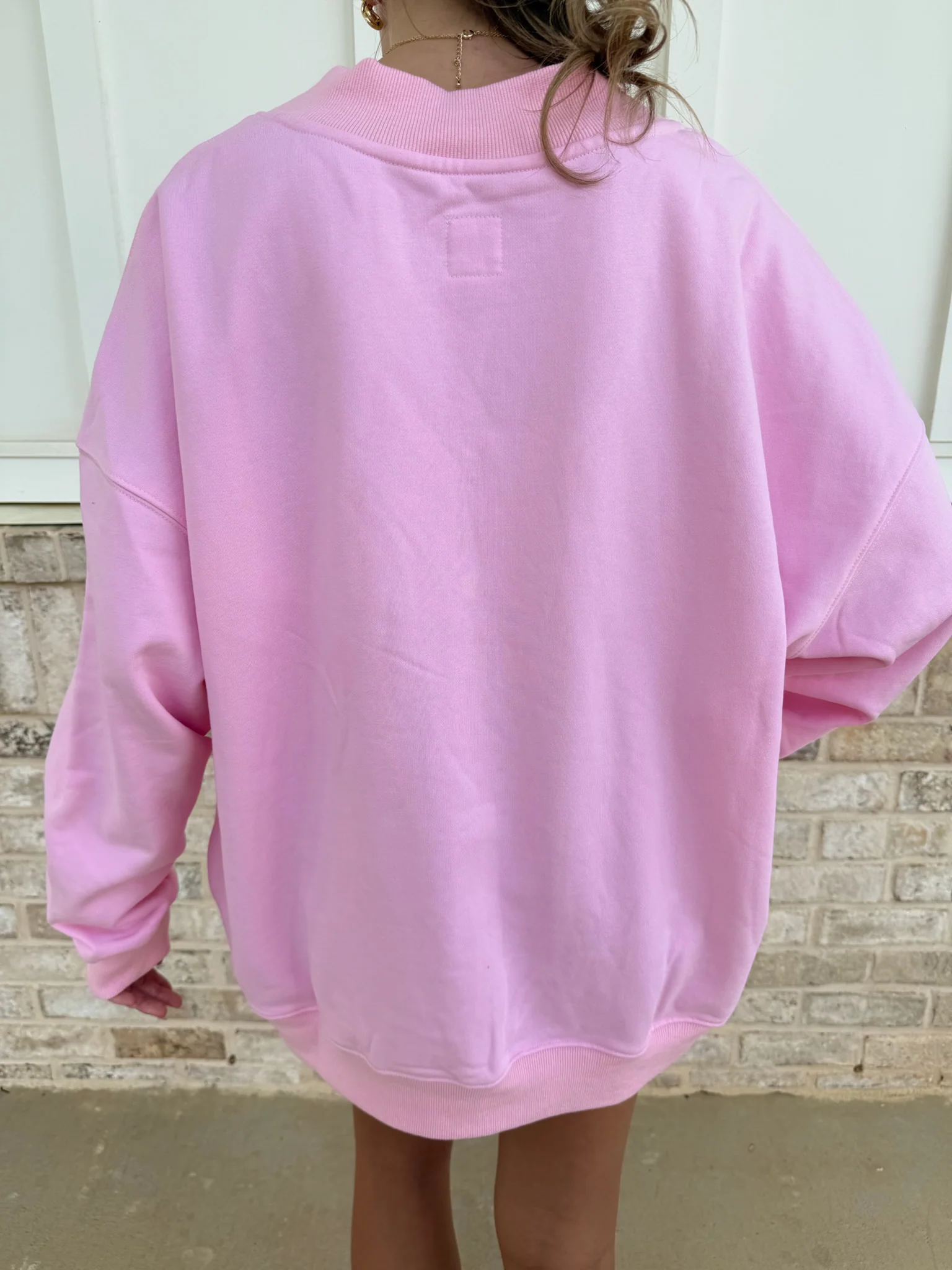 Soft Light Pink V-Neck Embroider Hibiscus Flower Sweatshirt - Image 2