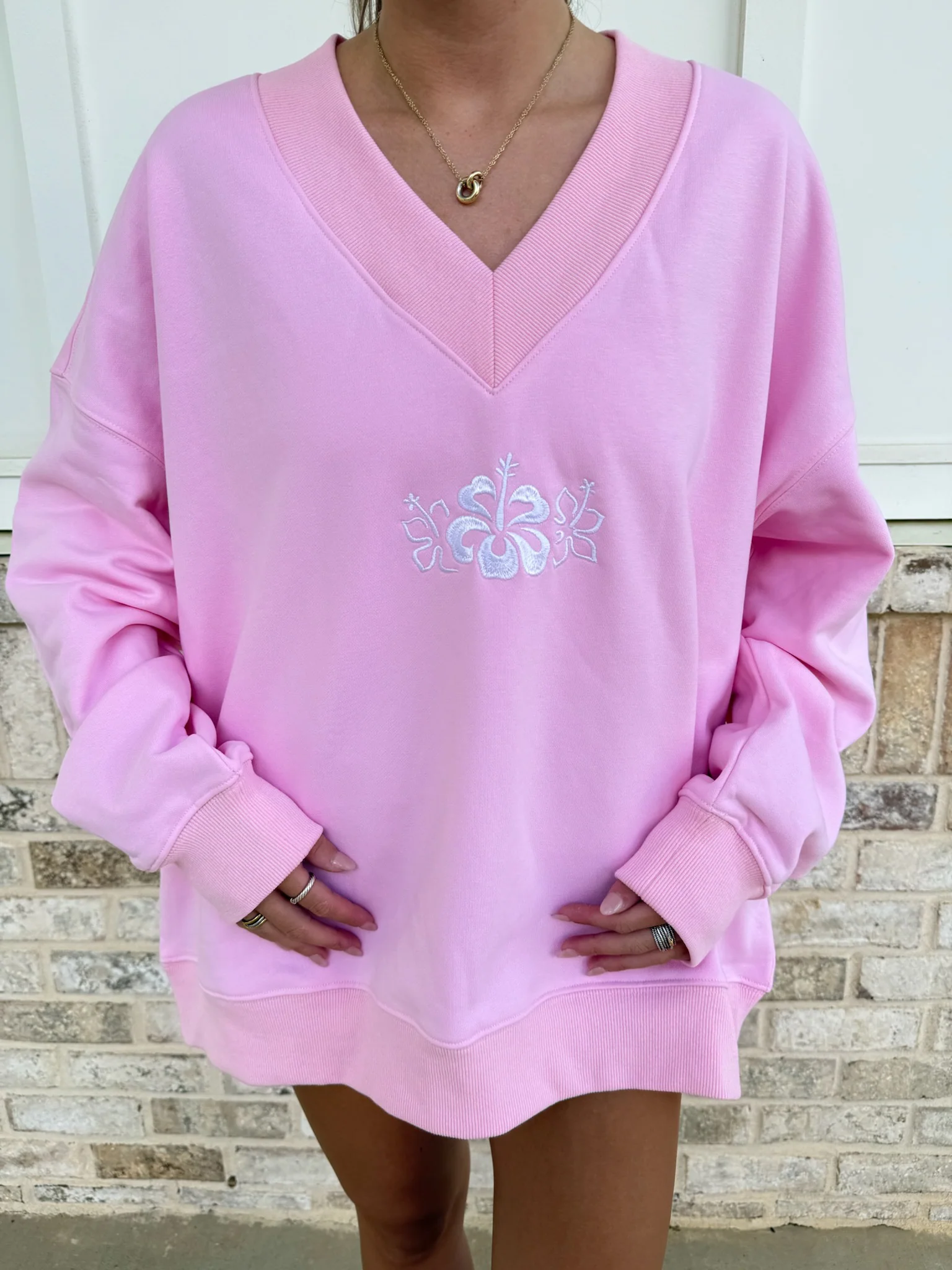Soft Light Pink V-Neck Embroider Hibiscus Flower Sweatshirt - Image 3