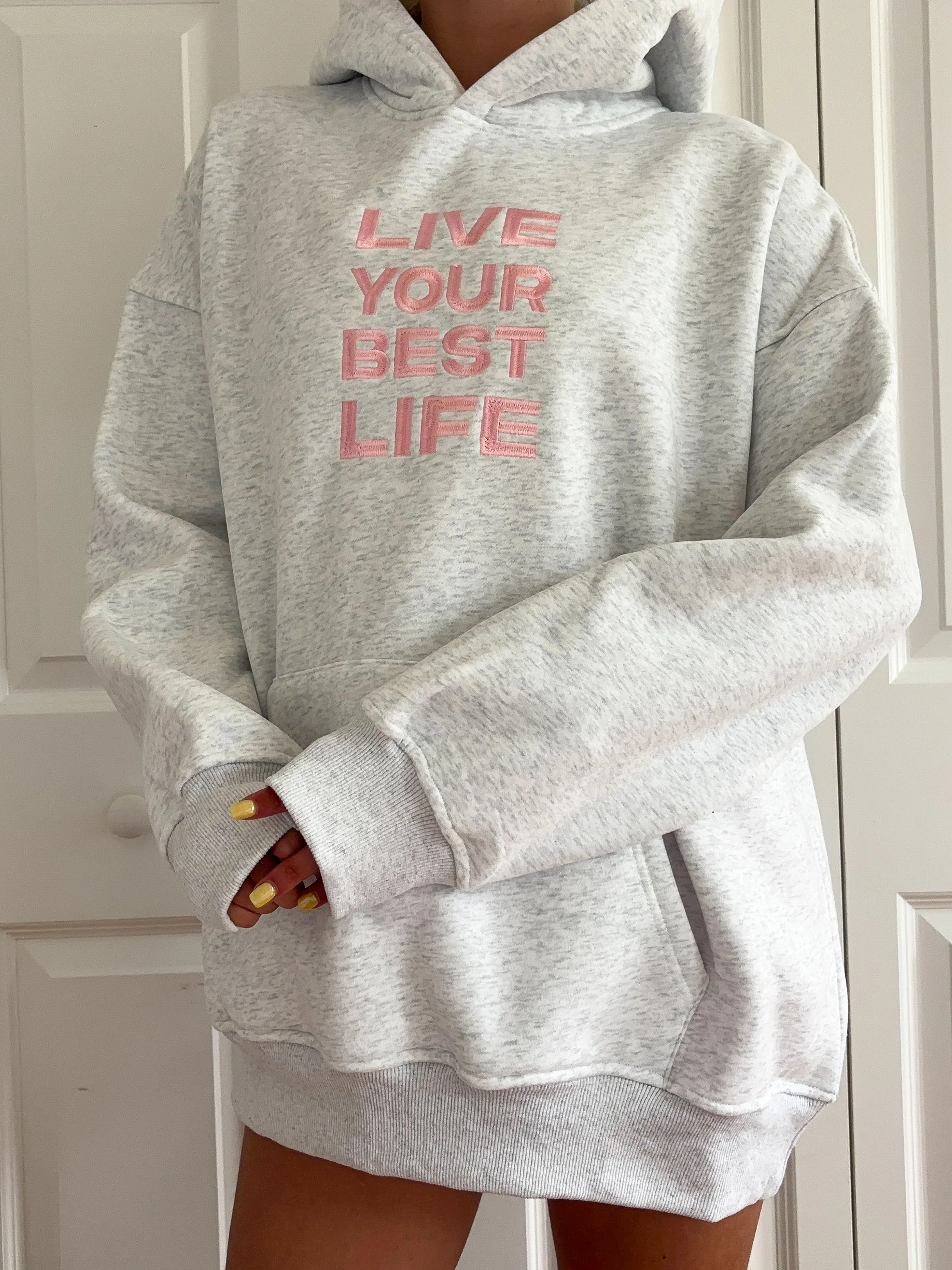 Pearl Grey Live Your Best Life Embroider Hoodie - Image 10