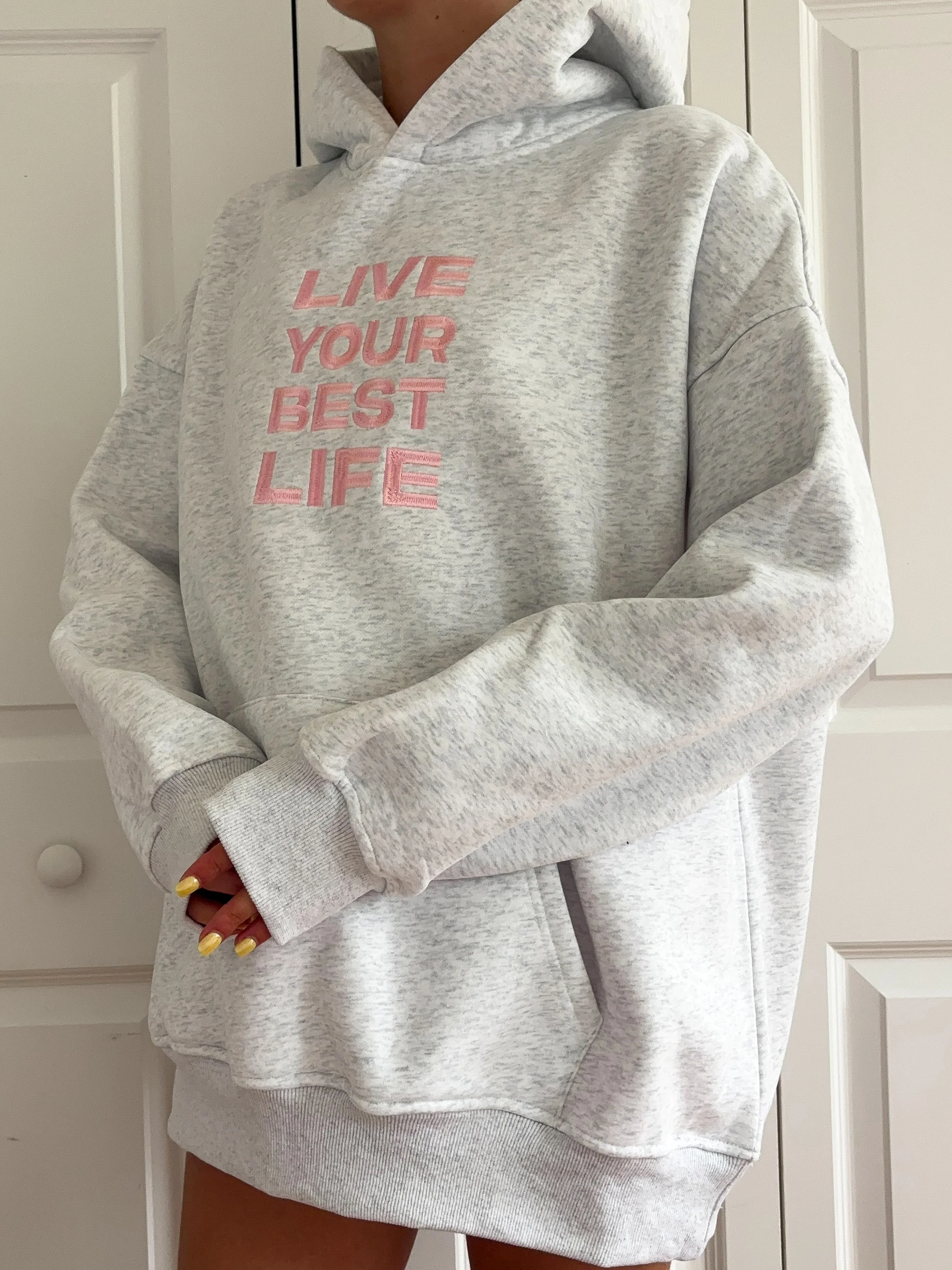 Pearl Grey Live Your Best Life Embroider Hoodie - Image 4