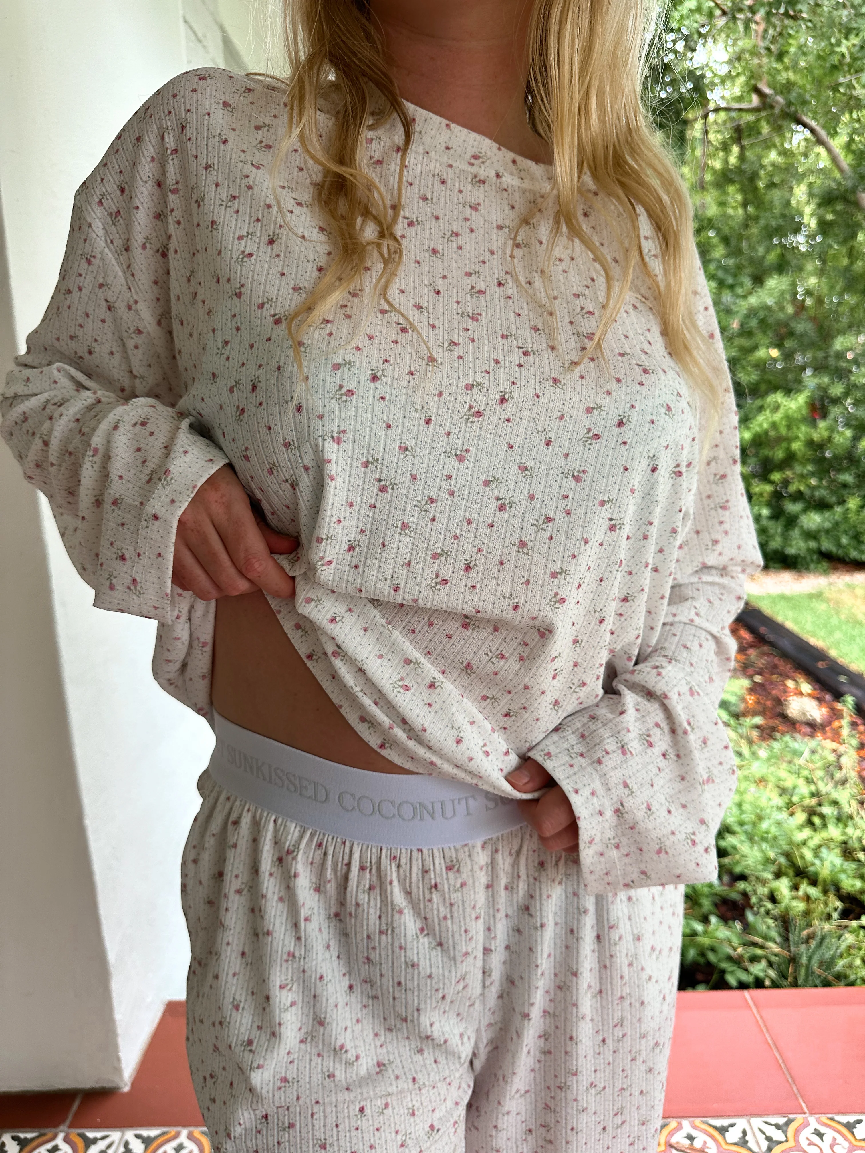 White Floral Long Sleeve Pajama Top - Image 4