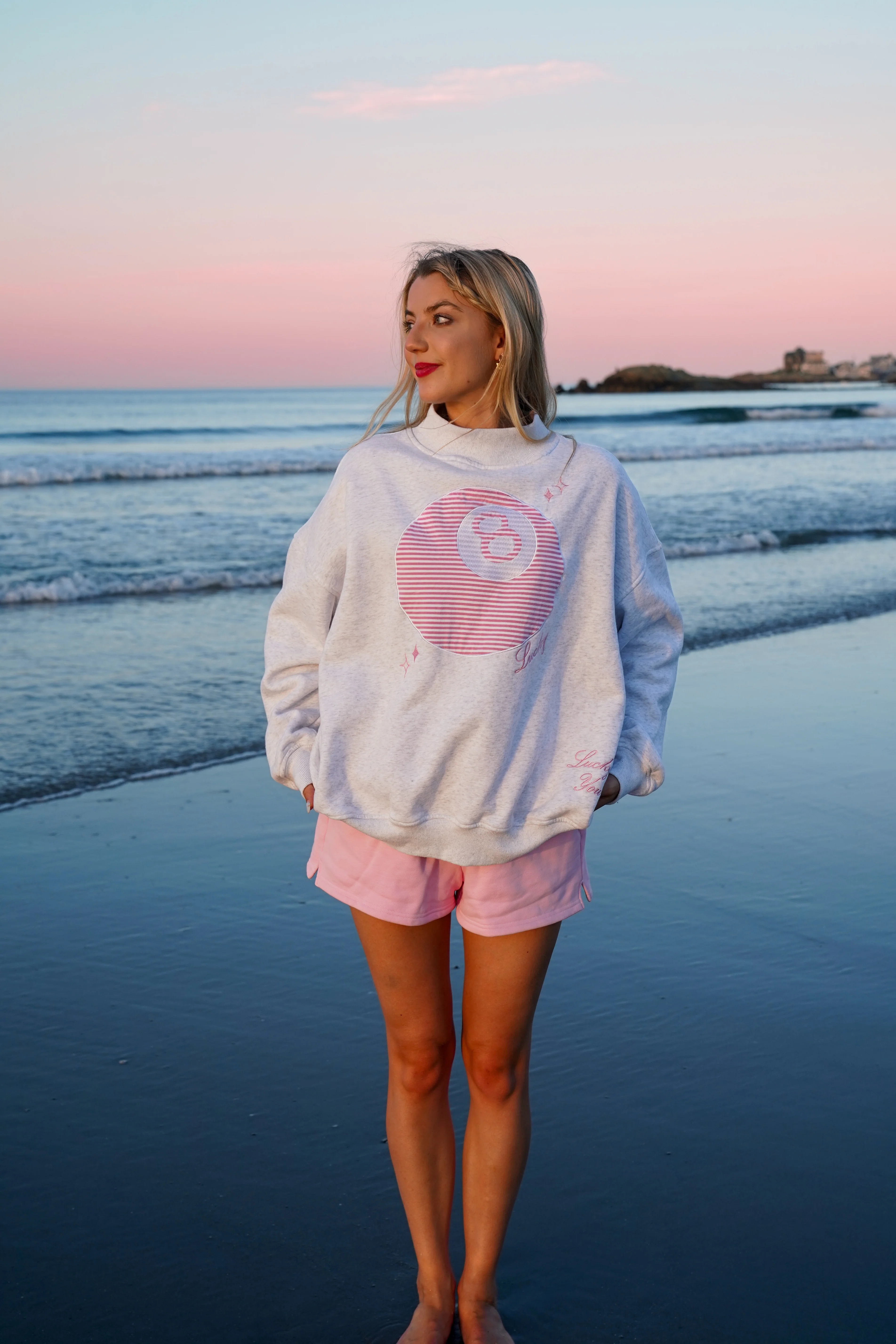 Pearl Grey Lucky You 8 Ball Mockneck Embroider Sweatshirt - Image 16
