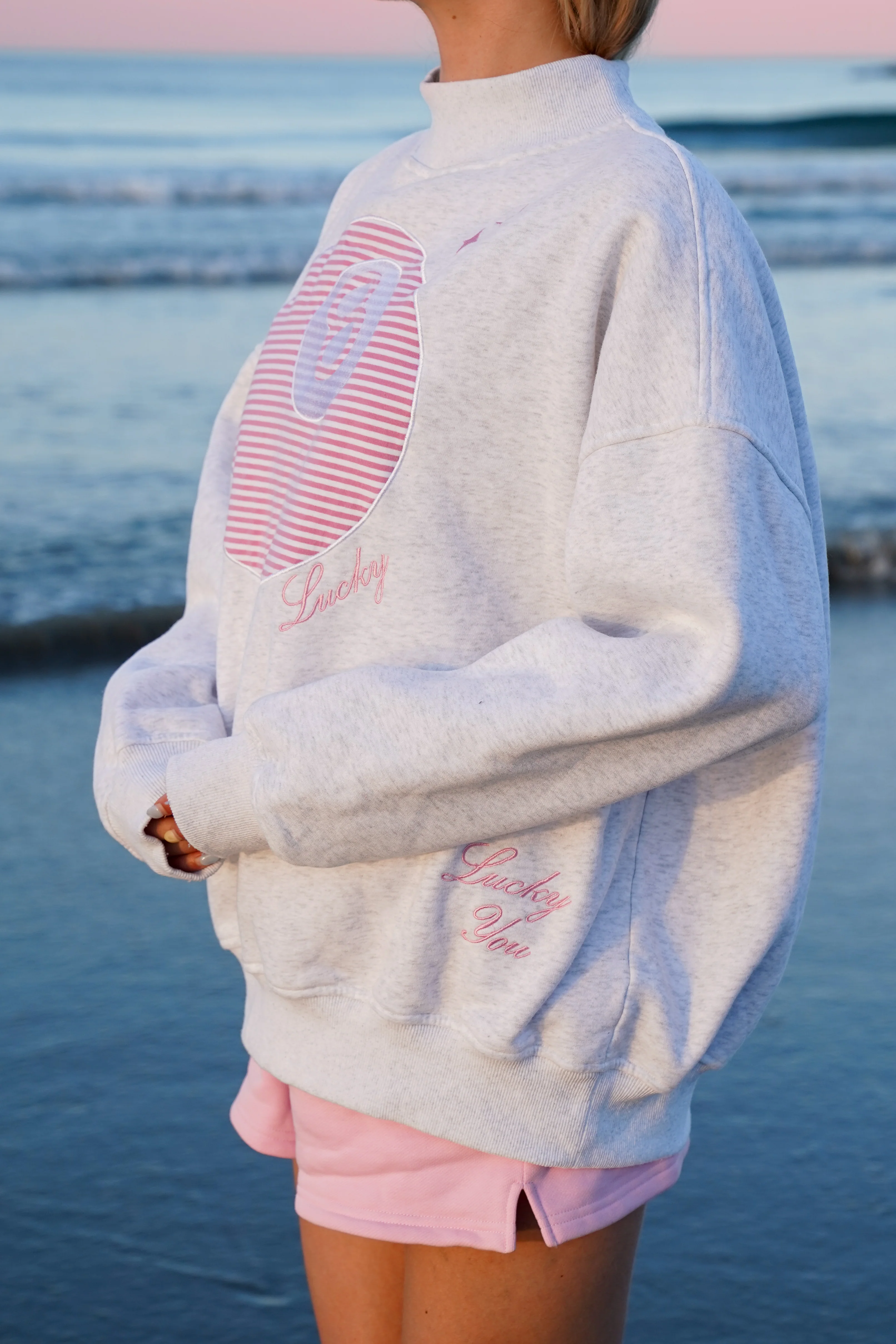 Pearl Grey Lucky You 8 Ball Mockneck Embroider Sweatshirt - Image 2