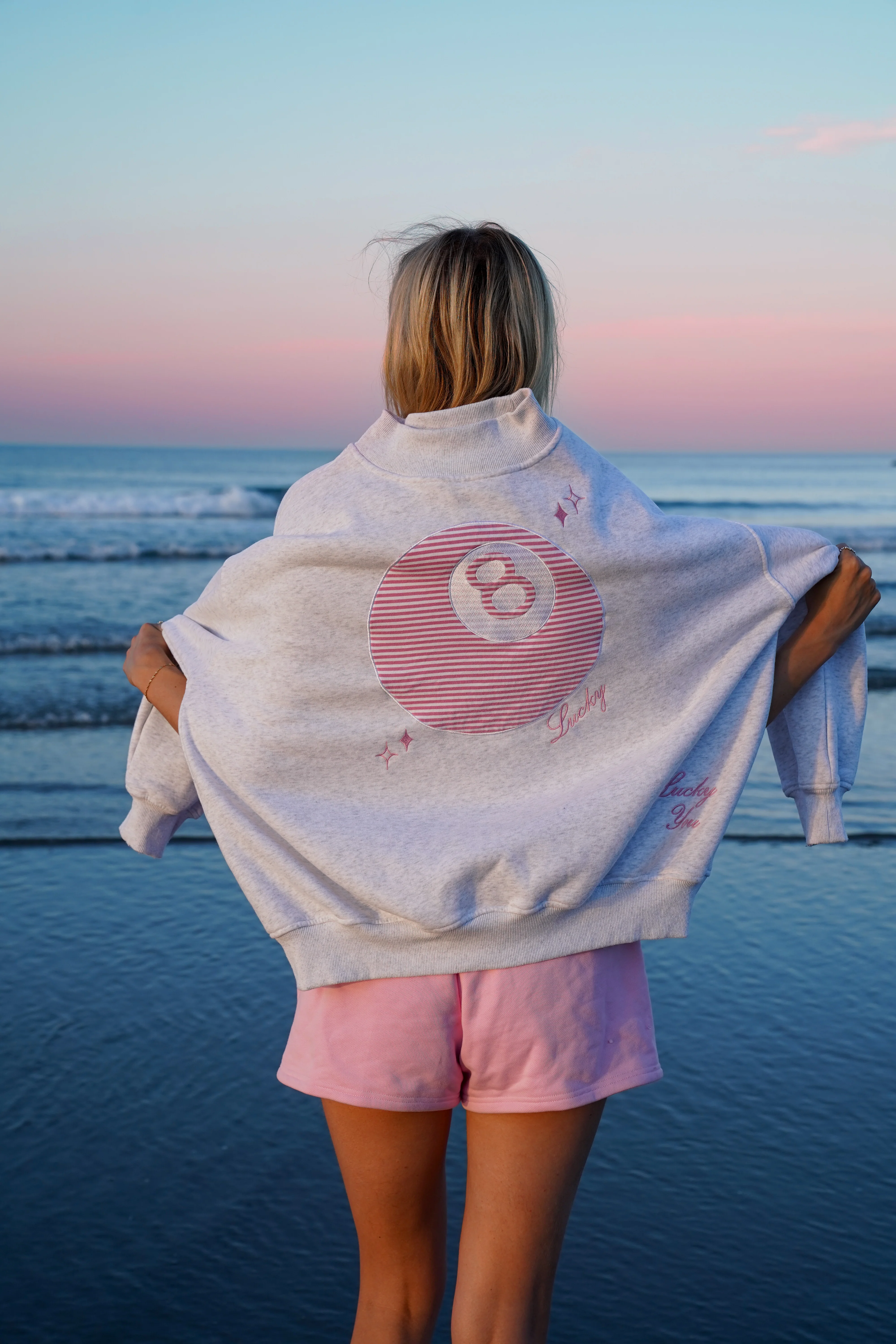 Pearl Grey Lucky You 8 Ball Mockneck Embroider Sweatshirt - Image 3