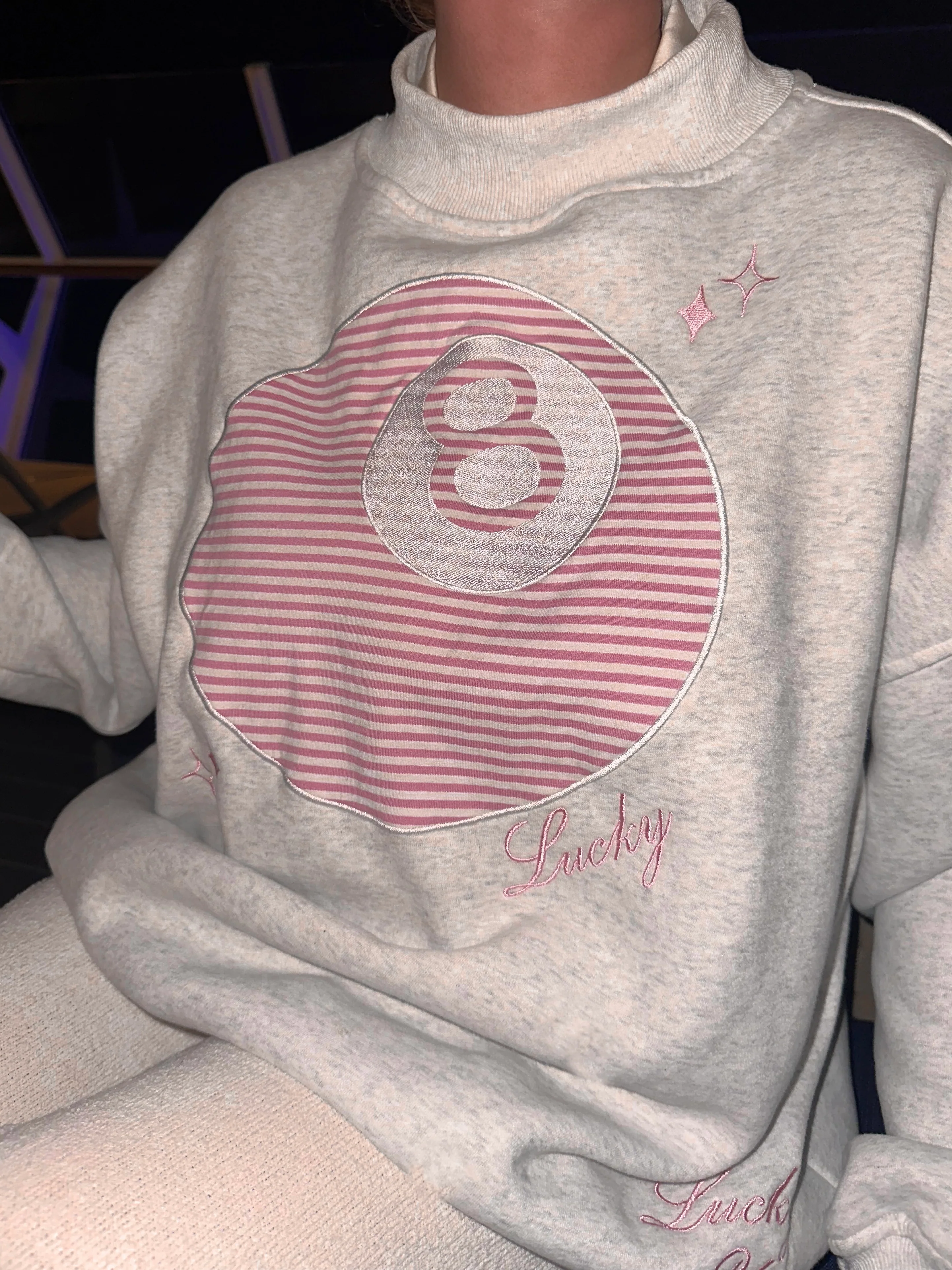 Pearl Grey Lucky You 8 Ball Mockneck Embroider Sweatshirt - Image 4
