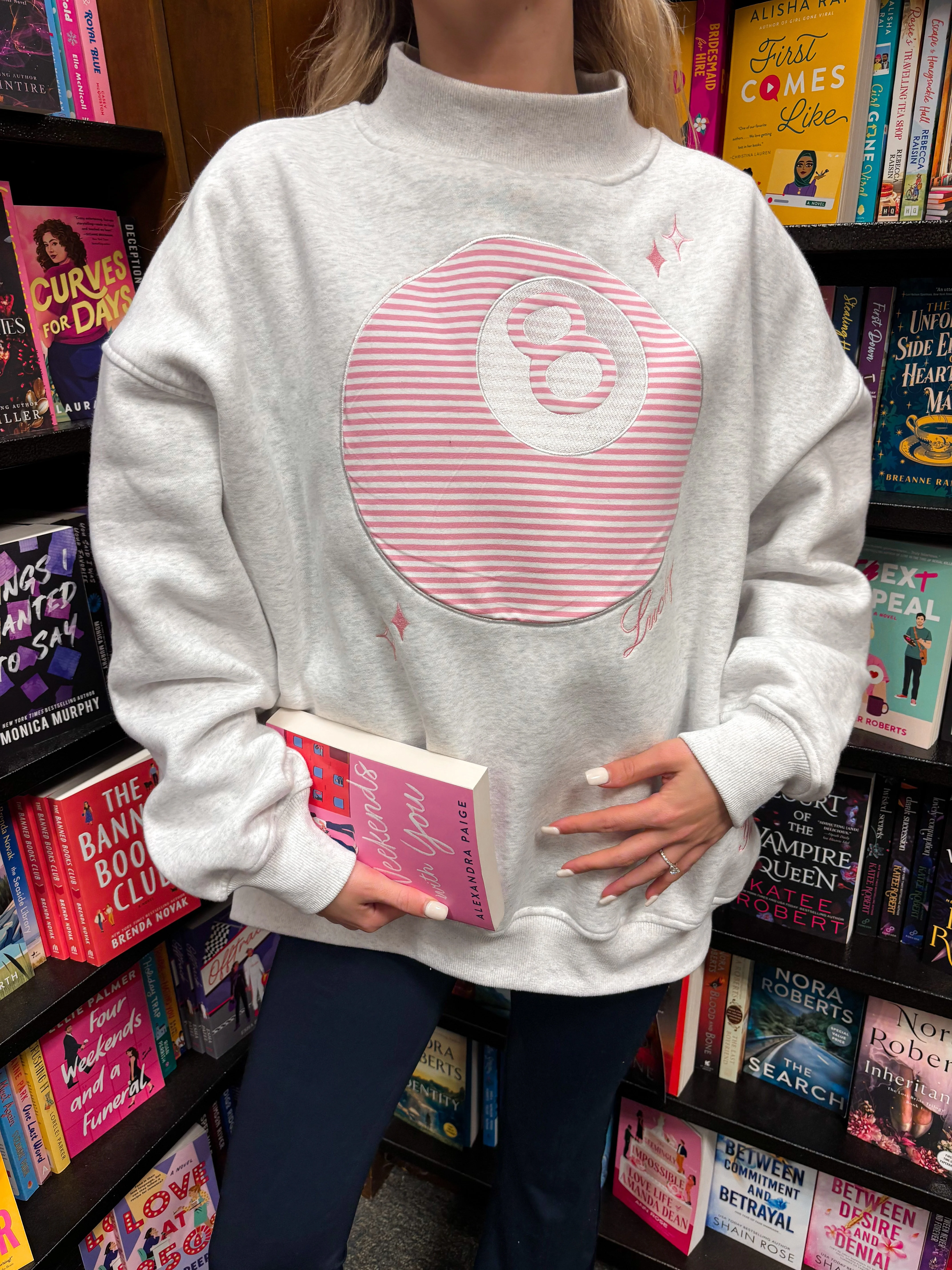 Pearl Grey Lucky You 8 Ball Mockneck Embroider Sweatshirt - Image 5