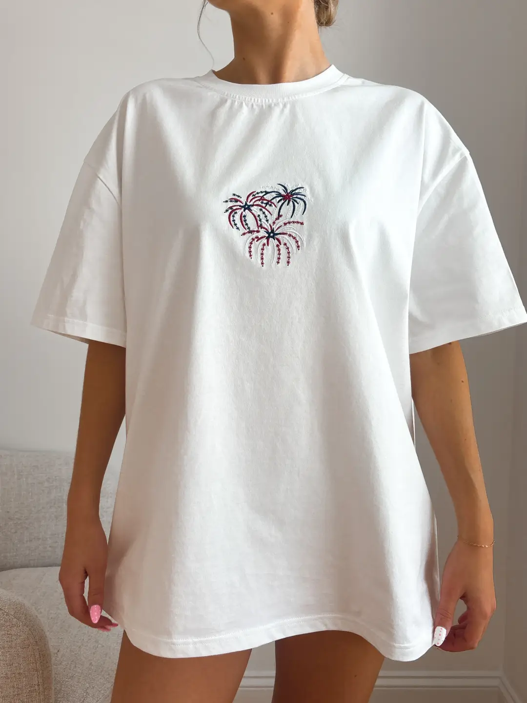 Midweight White Fireworks 4th Of July Memorial Day Embroider Tee - Image 2