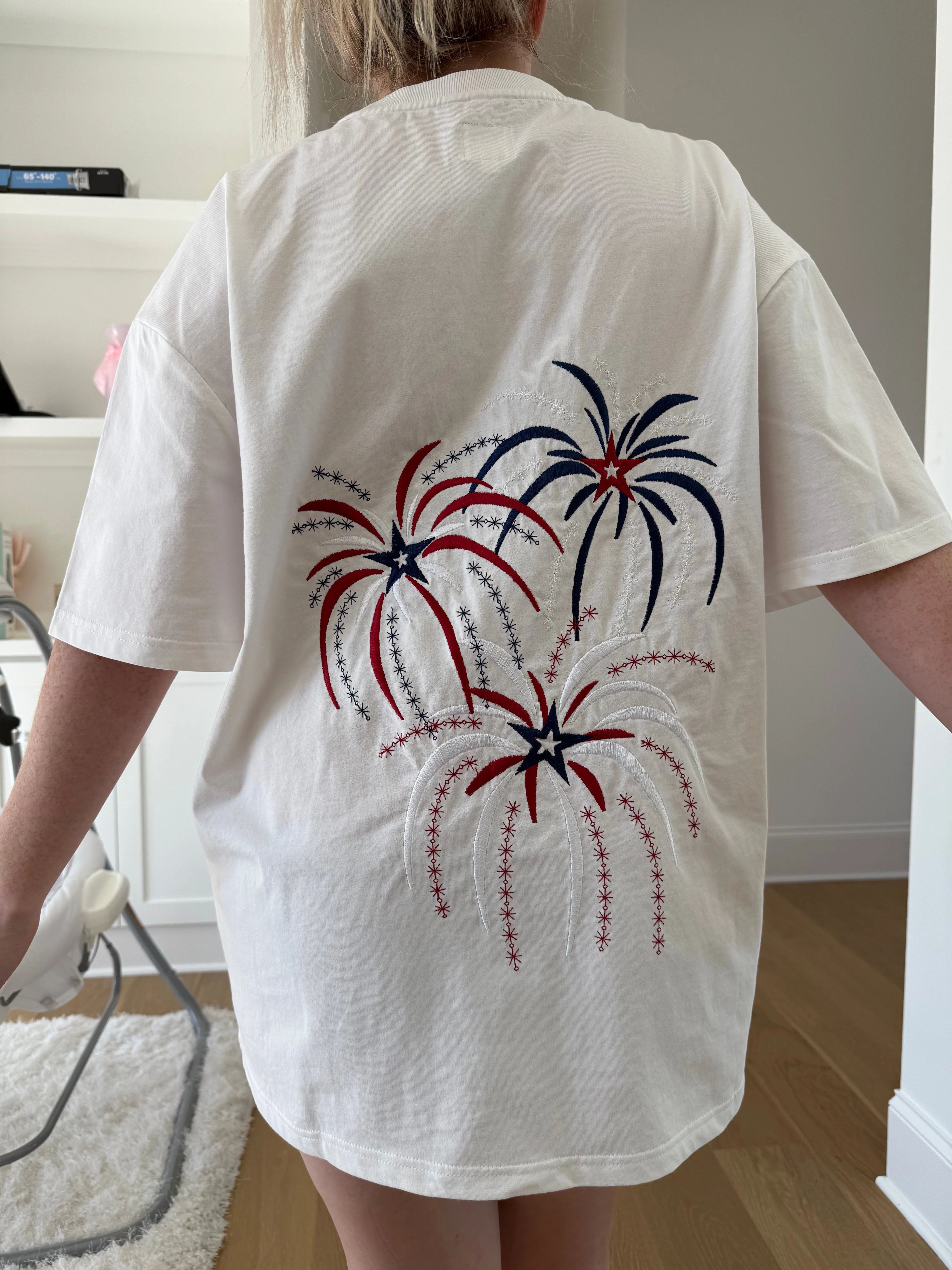 Midweight White Fireworks 4th Of July Memorial Day Embroider Tee - Image 3