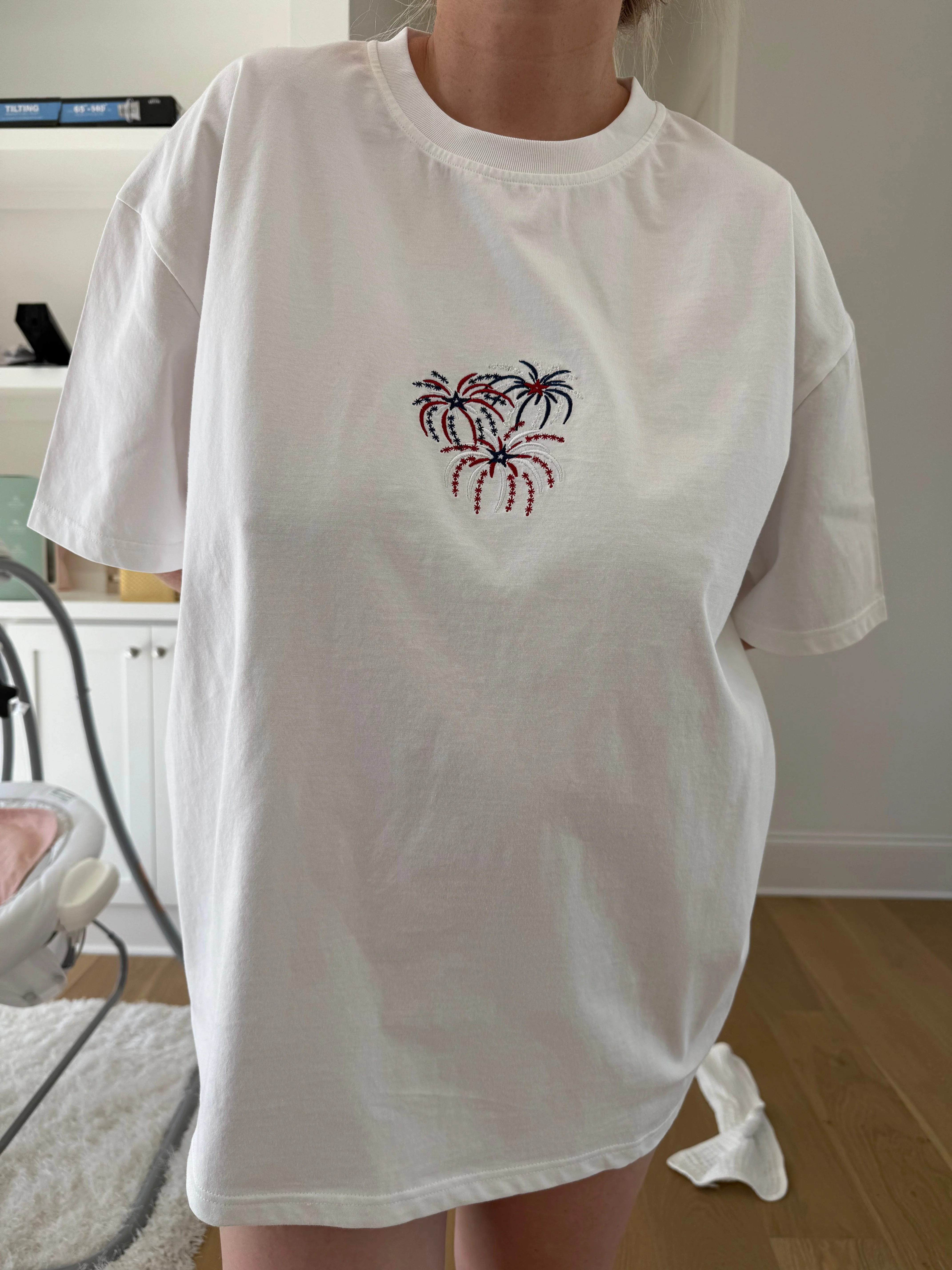 Midweight White Fireworks 4th Of July Memorial Day Embroider Tee - Image 4