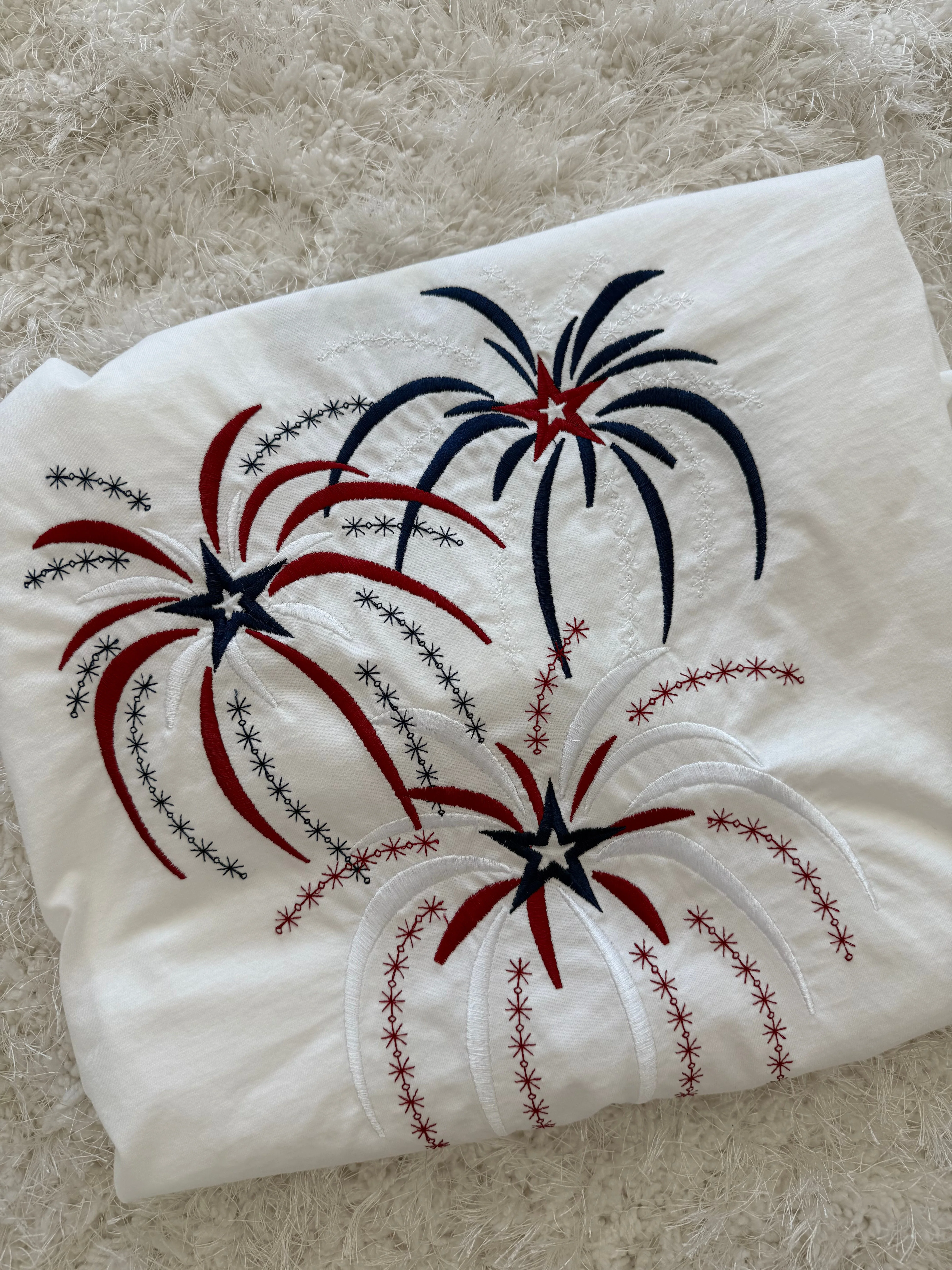 Midweight White Fireworks 4th Of July Memorial Day Embroider Tee - Image 5