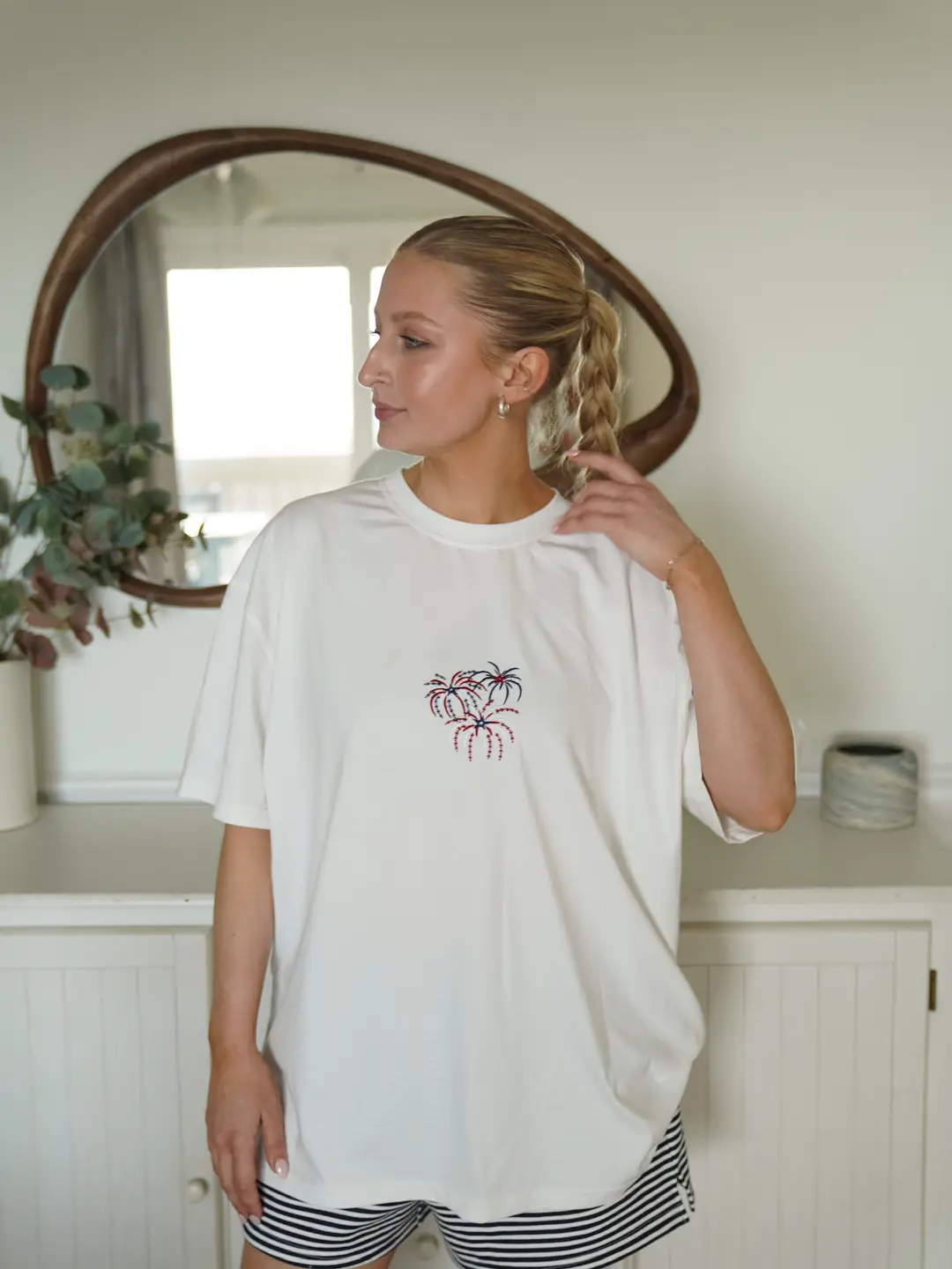 Midweight White Fireworks 4th Of July Memorial Day Embroider Tee - Image 6