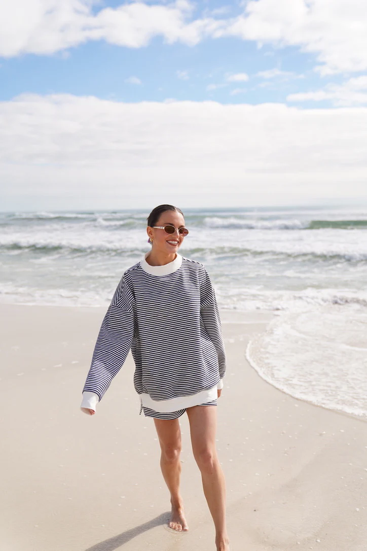 Dark Navy Blue and White Big Striped Mockneck Sweatshirt - Image 12