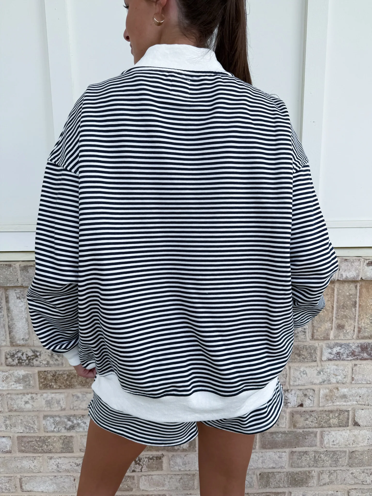 Dark Navy Blue and White Big Striped Mockneck Sweatshirt - Image 14
